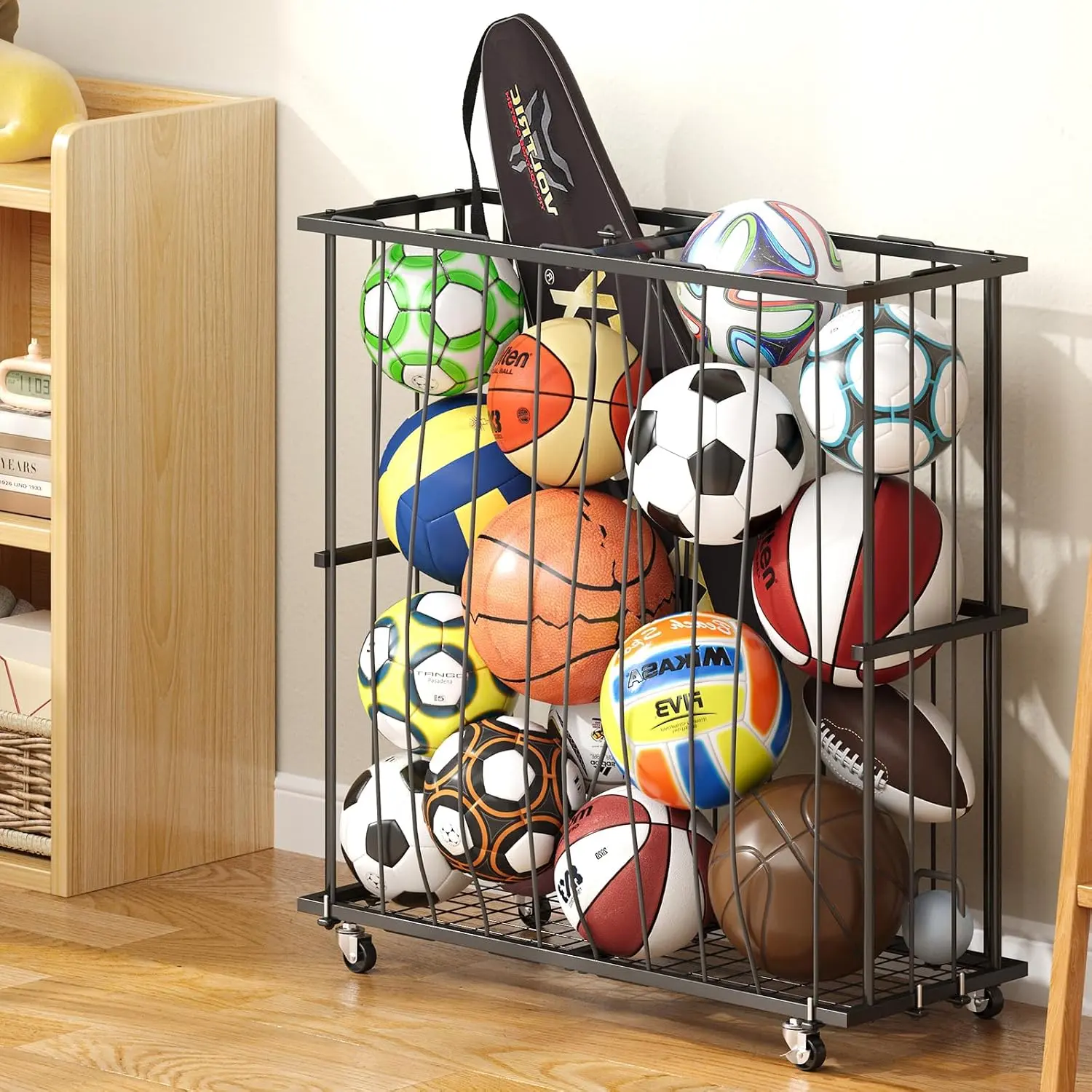 Large Capacity Garage Ball Storage- [Hold 16-20 Balls]: Rolling  Equipment Organizer Cart with Elastic Rope, Ball Rack with Wheels for Basketball, Soccer, Football, Indoor/Outdoor, Black