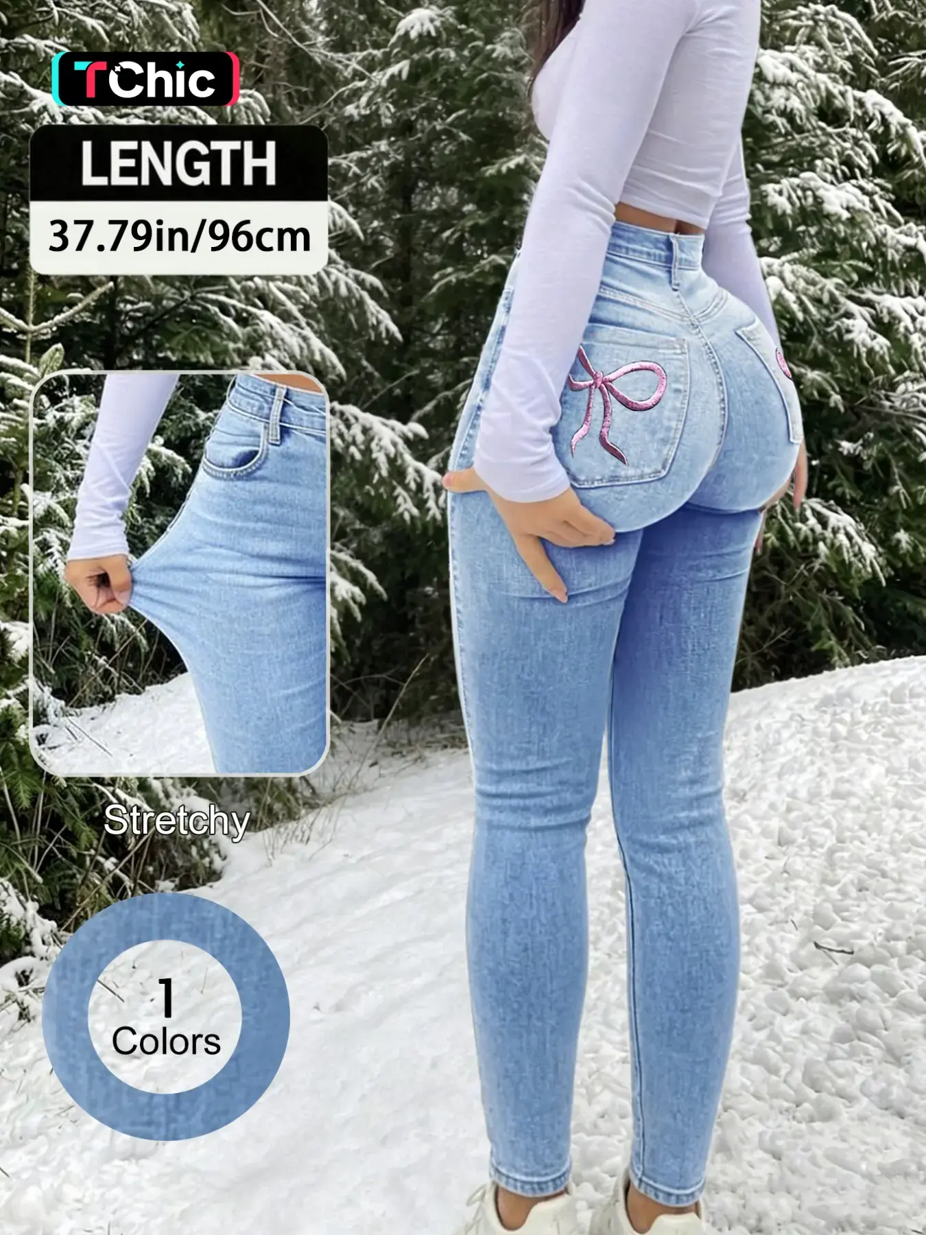 Elegant Women's High Waist Slimming Stretchy Denim Jeans, Embroidered Bow Elastic Skinny Fit Jeans for All Seasons