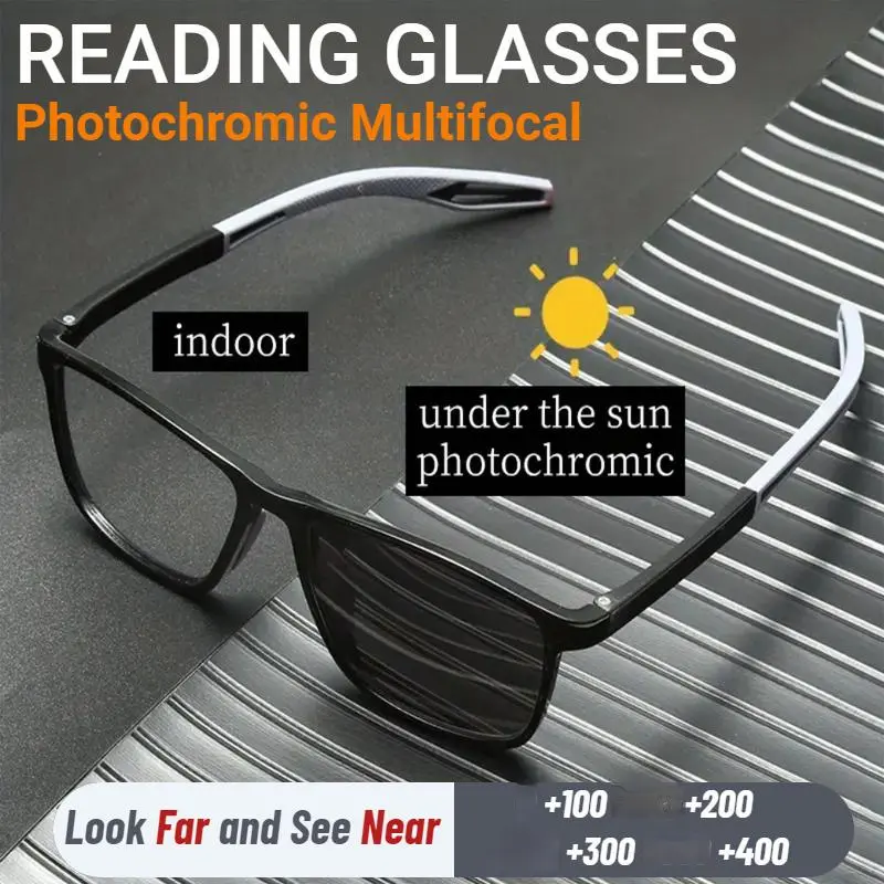 Men's Photochromic Multifocal Reading Eyeglasses - High-Quality Lightweight Durable Glasses with Pads, Non-Slip Rectangular Frames, Distance-Near Dual-Use Lenses, Daily & Outdoor Sports Use, +1.0 to +4.0 Orange Christmas Gift (Men's Accessories)