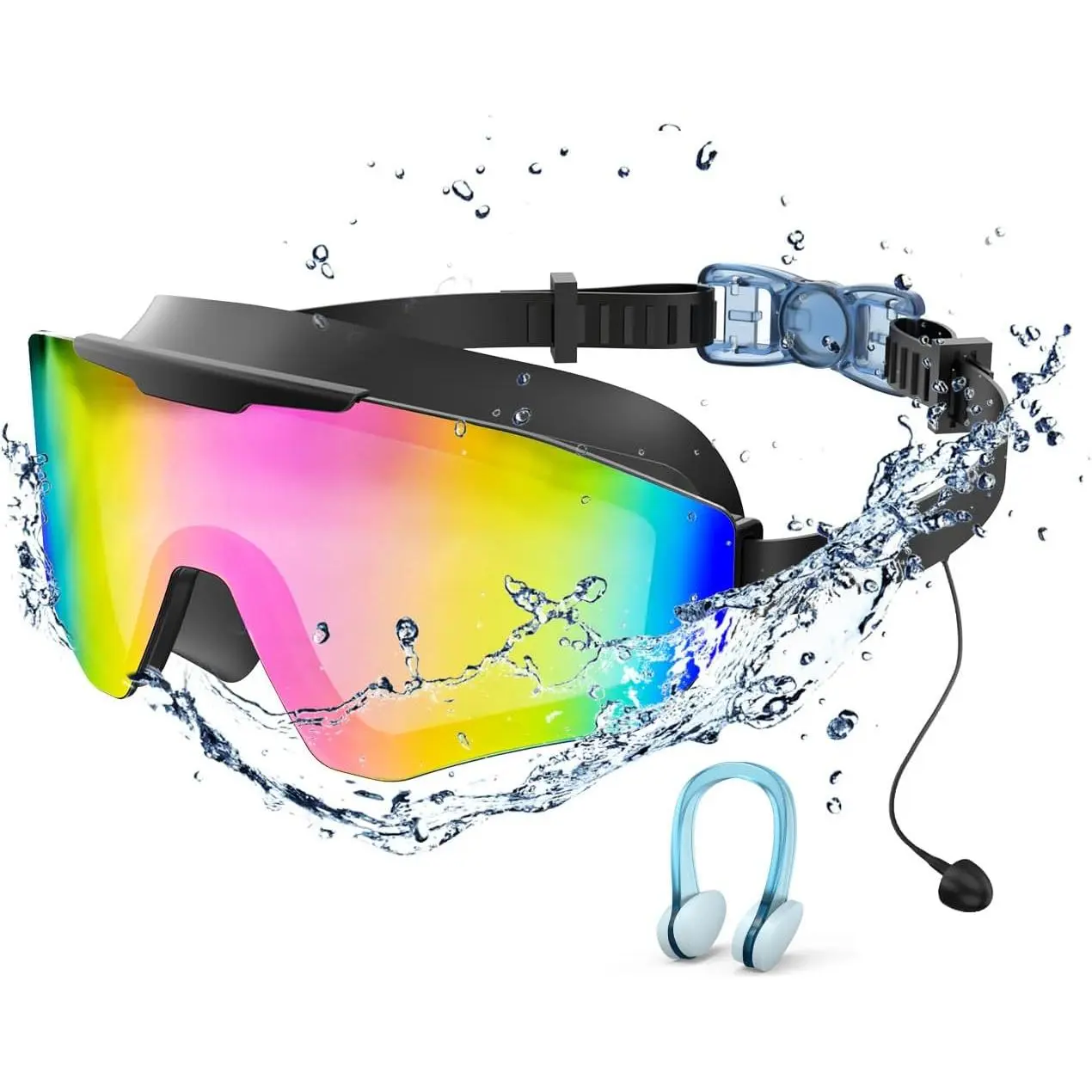 Swim Goggles with Earplugs, Wide View Anti UV Fog Swimming Goggles, 3-Color UV Lens Swim Glasses for Men Women