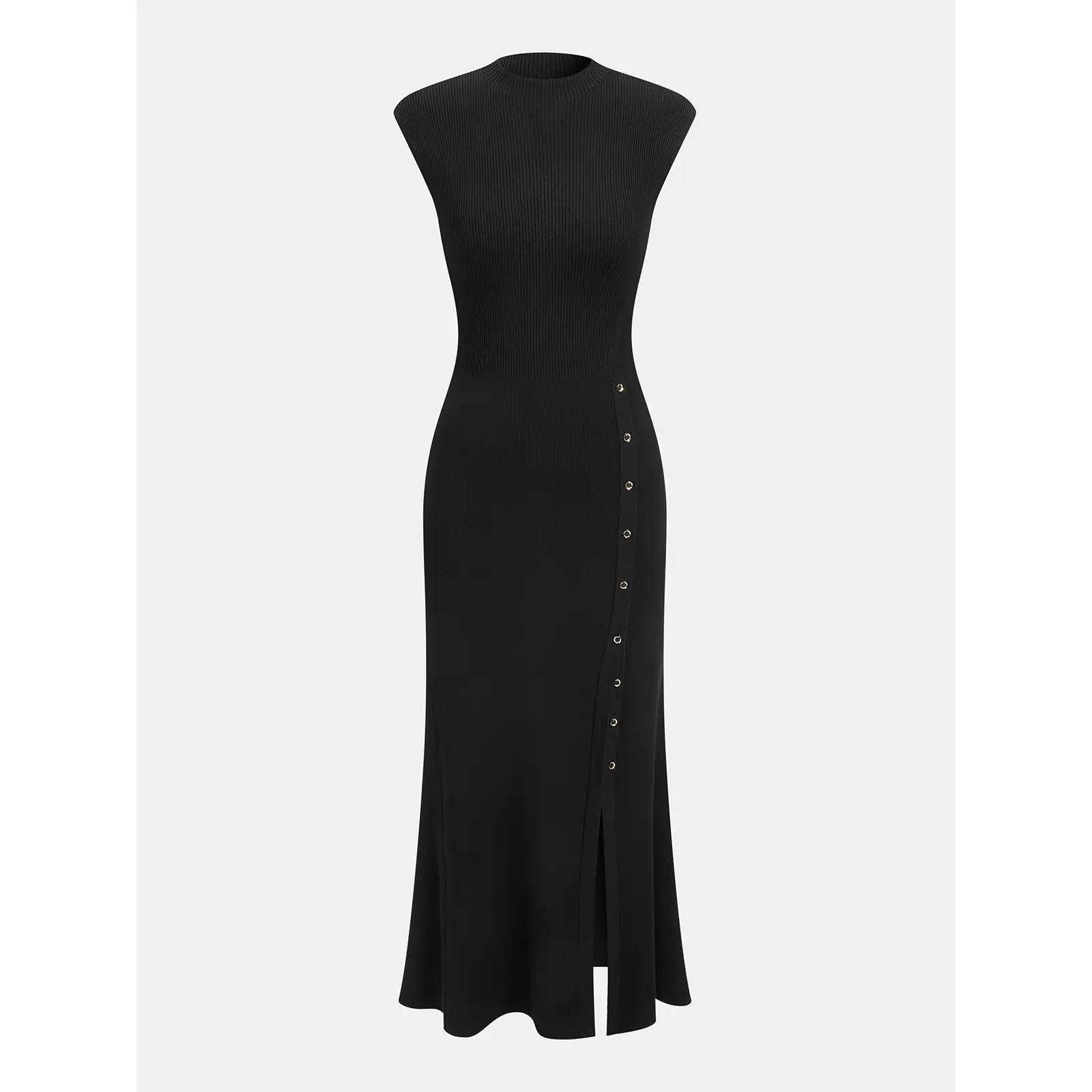 Button Detail Cap Sleeve Rib Knit Maxi Dress