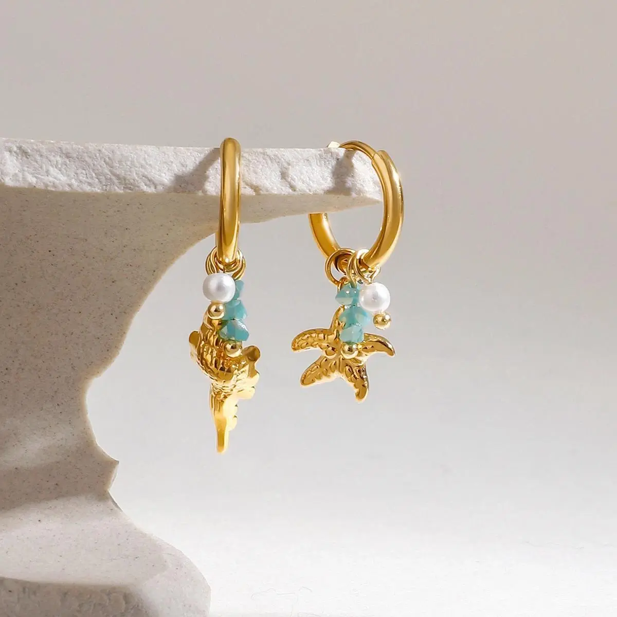 Zora Ocean Style Dangle Earrings, Gold-Plated Nickel-Free Stainless Steel, Starfish Shape Conch Imitation Pearl Crystal, Waterproof Anti-Scratch Costume Jewelry, Vintage, Wedding Party