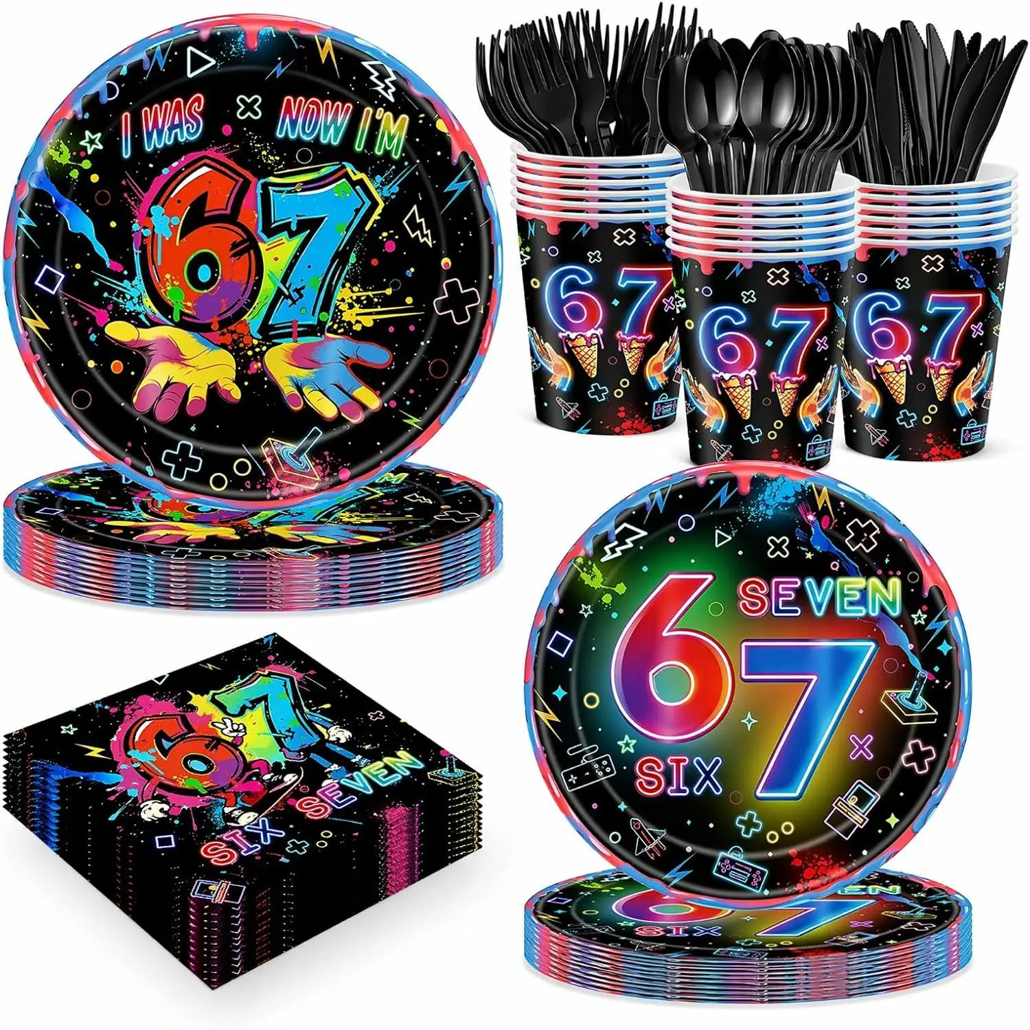 168pcs 6 7 Meme Birthday Party Supplies, Disposable Paper Tableware Set with Plates, Napkins, Cups and Utensils, Neon Decorations for Kids (Blacklight Neon)