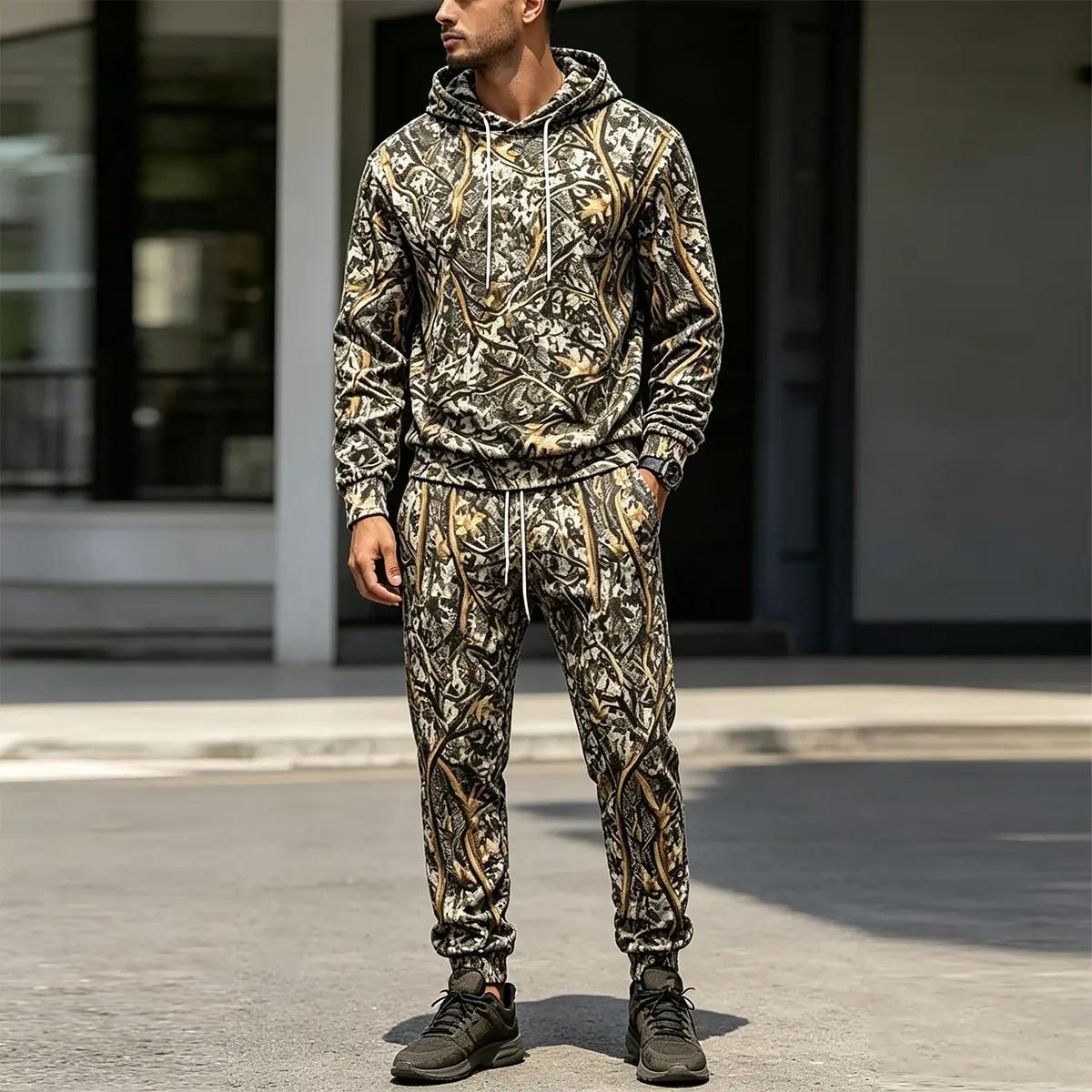 Men's 2-Piece Tree Camouflage Print Tracksuit Set - Drawstring Hooded Long-Sleeve Sweatshirt, Fitted Cut Jogger Pants, Sport Casual Outdoor Wear
