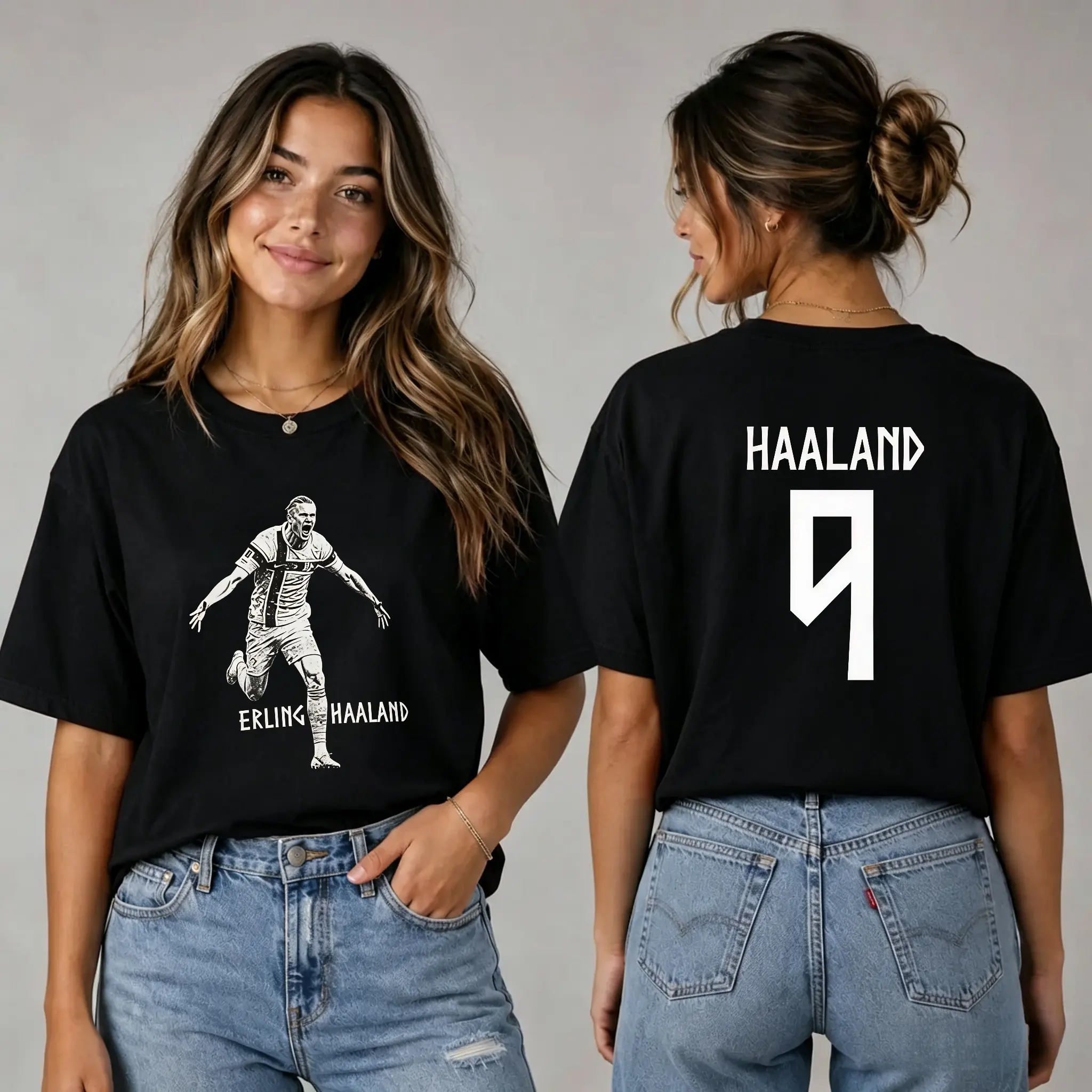100% Cotton Haaland T-Shirts Double-Sided Print Unisex, Erling Haaland Player Sketch And Number 9 Jersey Design, # ErlingHaaland # HaalandWorldCup # NorwayFootball # HaalandViking # Haaland7Goals # ManCityHaaland # HaalandvsBrazil