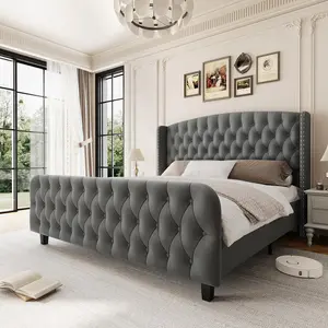 Garvee 51" Tall Queen Size Bed Frame with Deep Button Tufted Wingback Headboard and Footboard,  Velvet Upholstered Platform Bed Frame, No Box Spring Needed, Easy Assemble, Grey