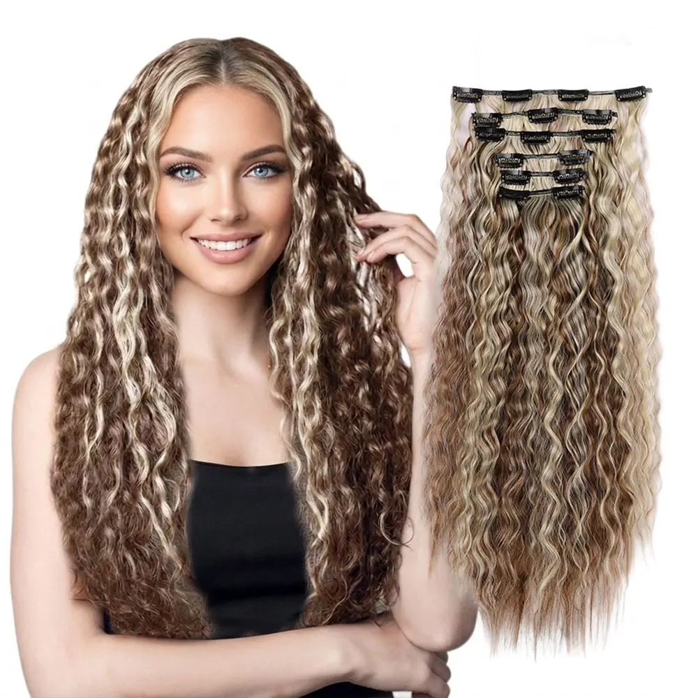 Women's 6PCS 22-Inch Synthetic Corn Wave Clip-In Extensions, Crimped Kinky Long Pieces with 1 Fish Tooth Comb, 2 Hair Clips & 5 Hair Scrunchies, Natural Soft Texture instant length claw