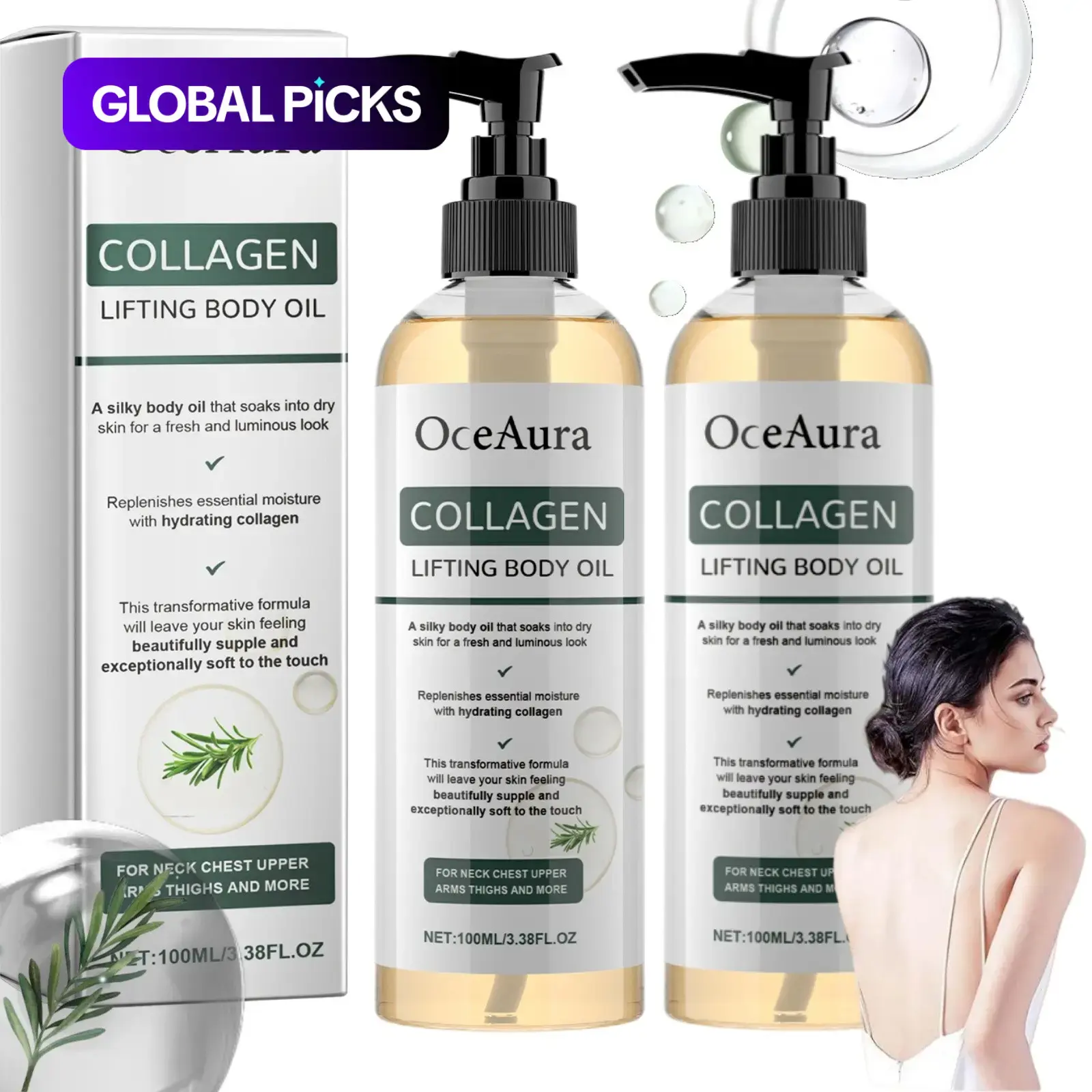 Collagen Lifting Body Oil, Hydrating Moisturizing Firming Oil, 2-Count Set of Lightweight Non-Greasy After-Shower Body Oil for Neck, Chest, Arms and Thighs, Unisex, Body Oil Moisture