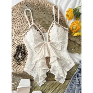 Fashionable Women's Shell Chain Strappy Top with Floral Pattern Tie-Strap Design, Elegant, Beautiful, Fresh, Trendy, Adorable, Sweet Style, Adjustable Shoulder Straps