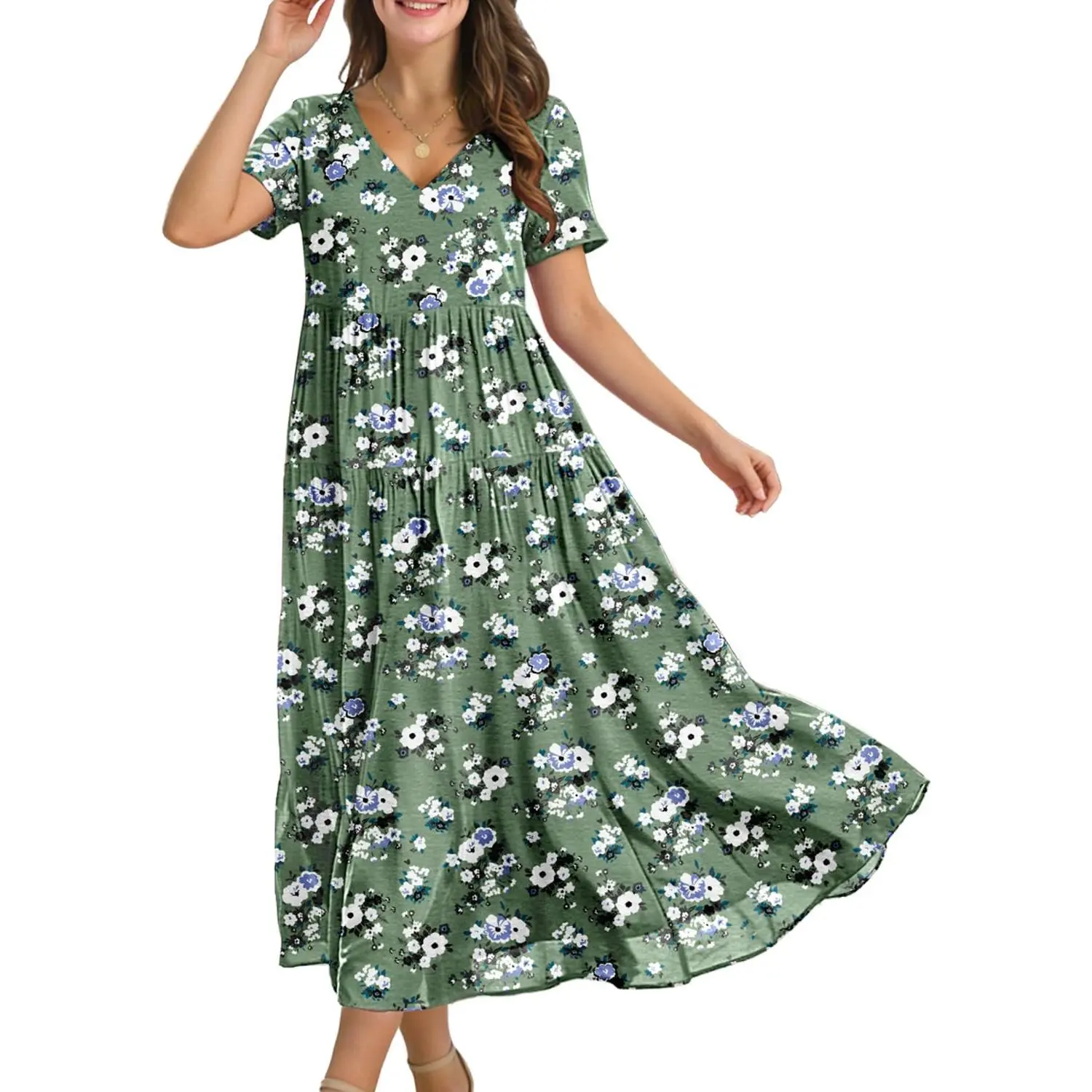 Women's Light, Smooth Summer Maternity Casual Wear Maxi Dress - Short Sleeve V-Neck Floral Boho Beach Vacation Swing Dress with Pockets, Necklace Accessory Compatible, Garment, Fit, Feminine, Lady, Low Iron, Shift, Airy Blend, Cold Wash, Cotton