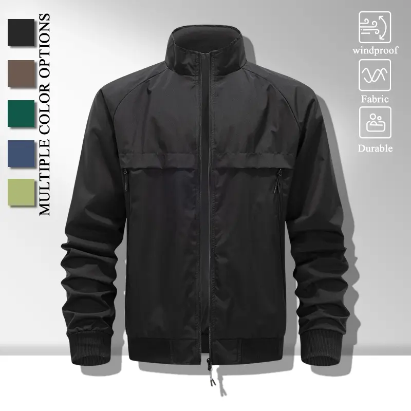 Men Stand Collar Windproof Bomber Jacket, Raglan Sleeve Full Zip Wind Coat, Zipper Side Pockets & Ribbed Elastic Cuffs, Durable Smooth Shell Fabric Loose Outerwear for Daily Commute Street Outfits, Multiple Solid Color Options