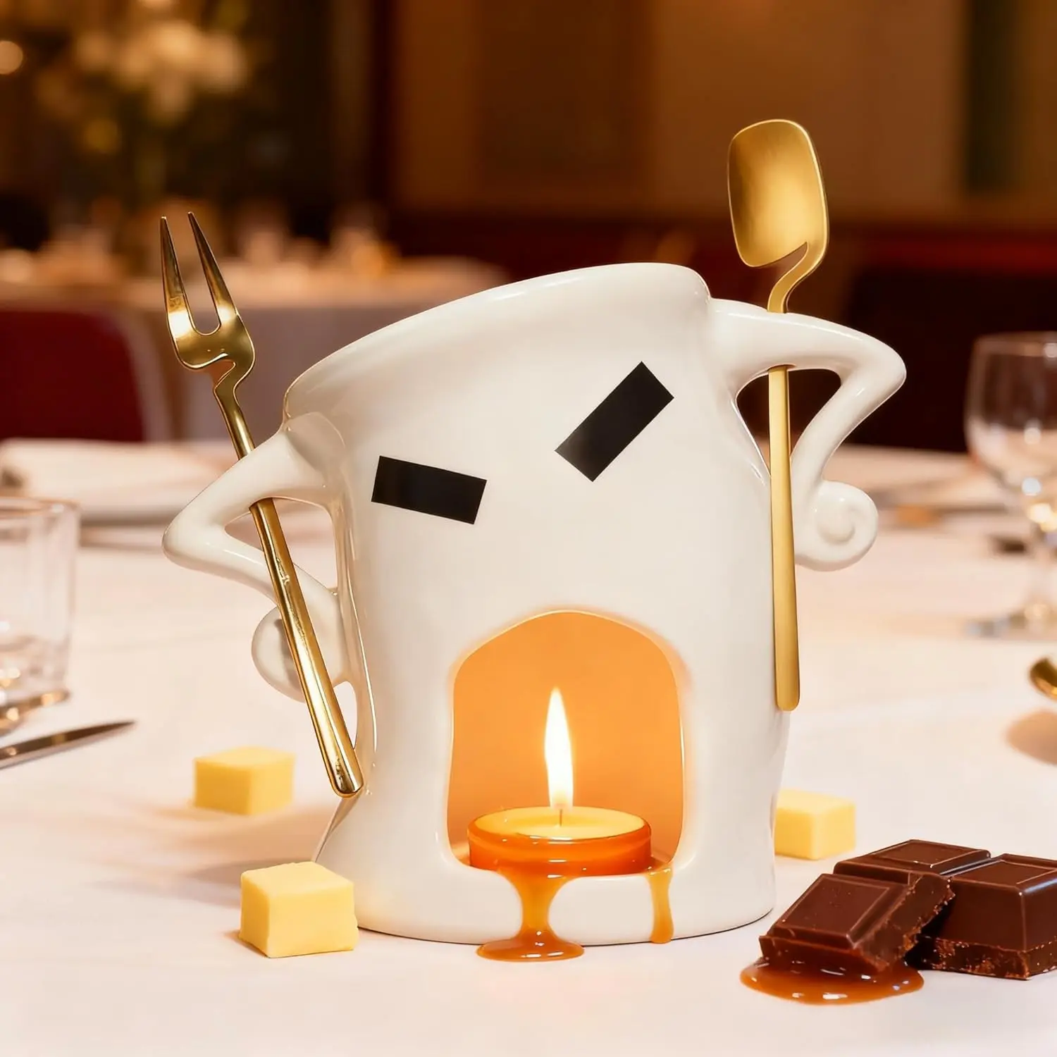 Ceramic Fondue Cup Set With Built-in Fork & Spoon - Mini Chocolate/Cheese Fondue Mug, Microwave & Dishwasher Safe, Compact Gift-ready (White)