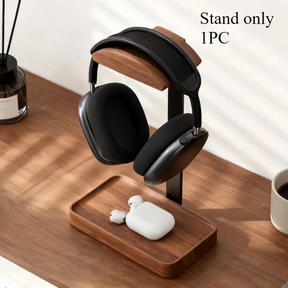 Walnut Wood Headphone Stand for Desktop Office Storage, Non-Slip Stable Base, Solid Construction, Fits Multiple Headphone Styles, Usable as Holiday Decor and Christmas Present