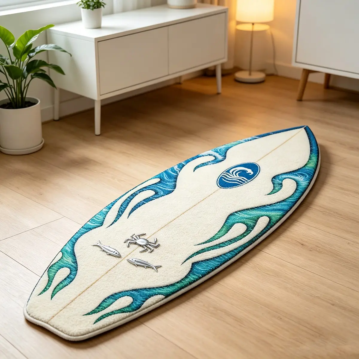 Crab & Fish Wave Surfboard Shaped Carpet, Fresh Light Base Thin Flannel Carpet, Thick Anti-slip Carpet For Window Side & Bedroom, Unique Seaside Trend Decorative Carpet, Soft Area Rug, Matches Korean Ins & Retro Street Style