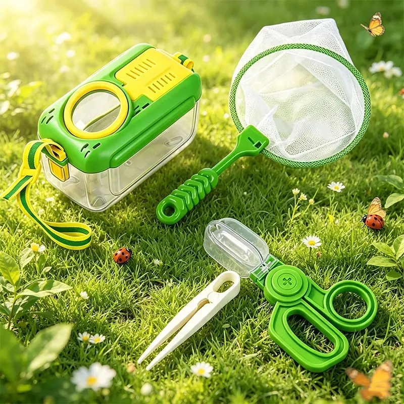 Outdoor Insect Exploration Kit 4 Piece Set, Includes Magnifying Glass, Bug Net, Tweezers, Insect Clip, Safe Plastic, Portable, Educational Toy