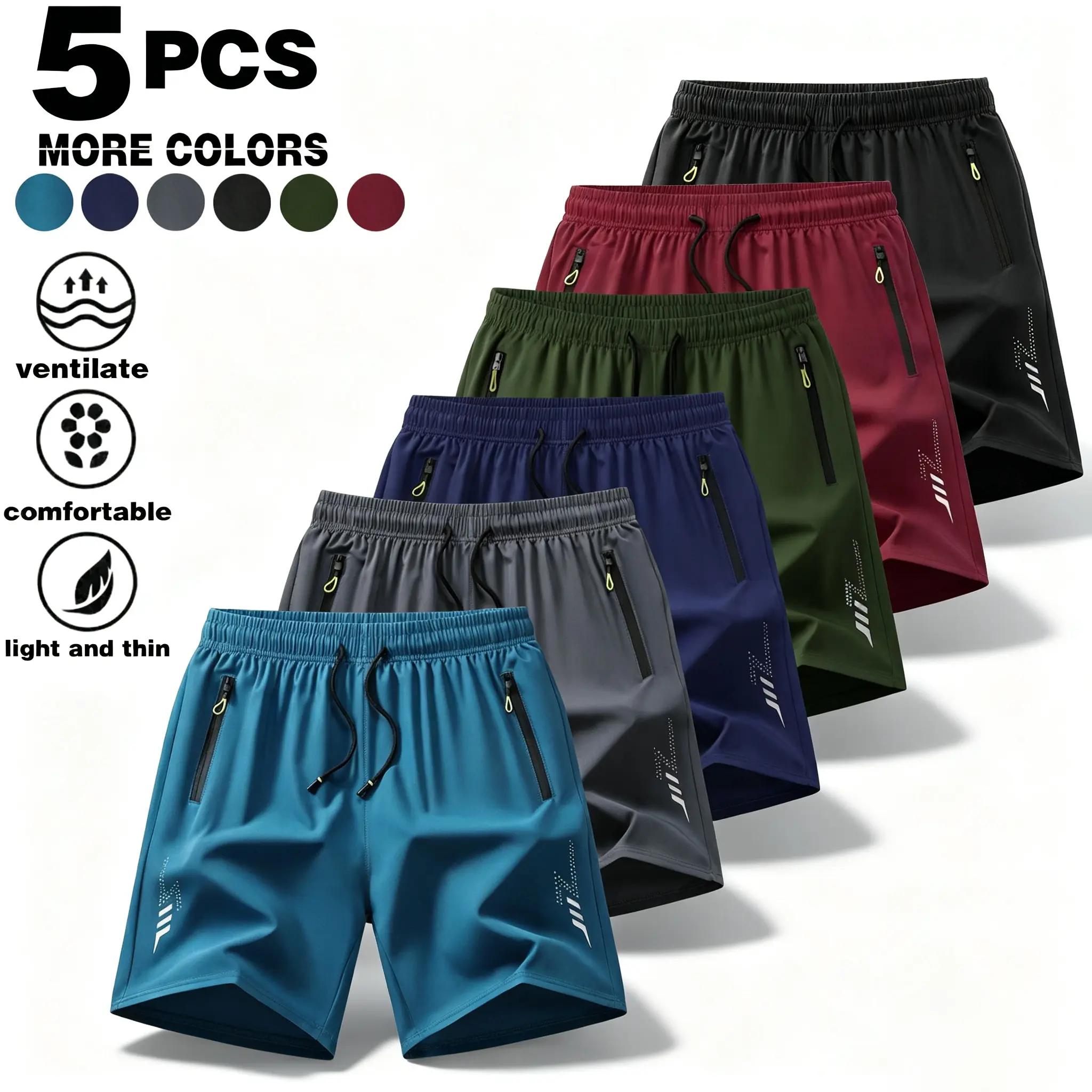 Summer  men's quick drying shorts with reflective side labels, lightweight and breathable, suitable for fitness, running, loose, casual, fashionable, versatile sports shorts 5PCS value combination