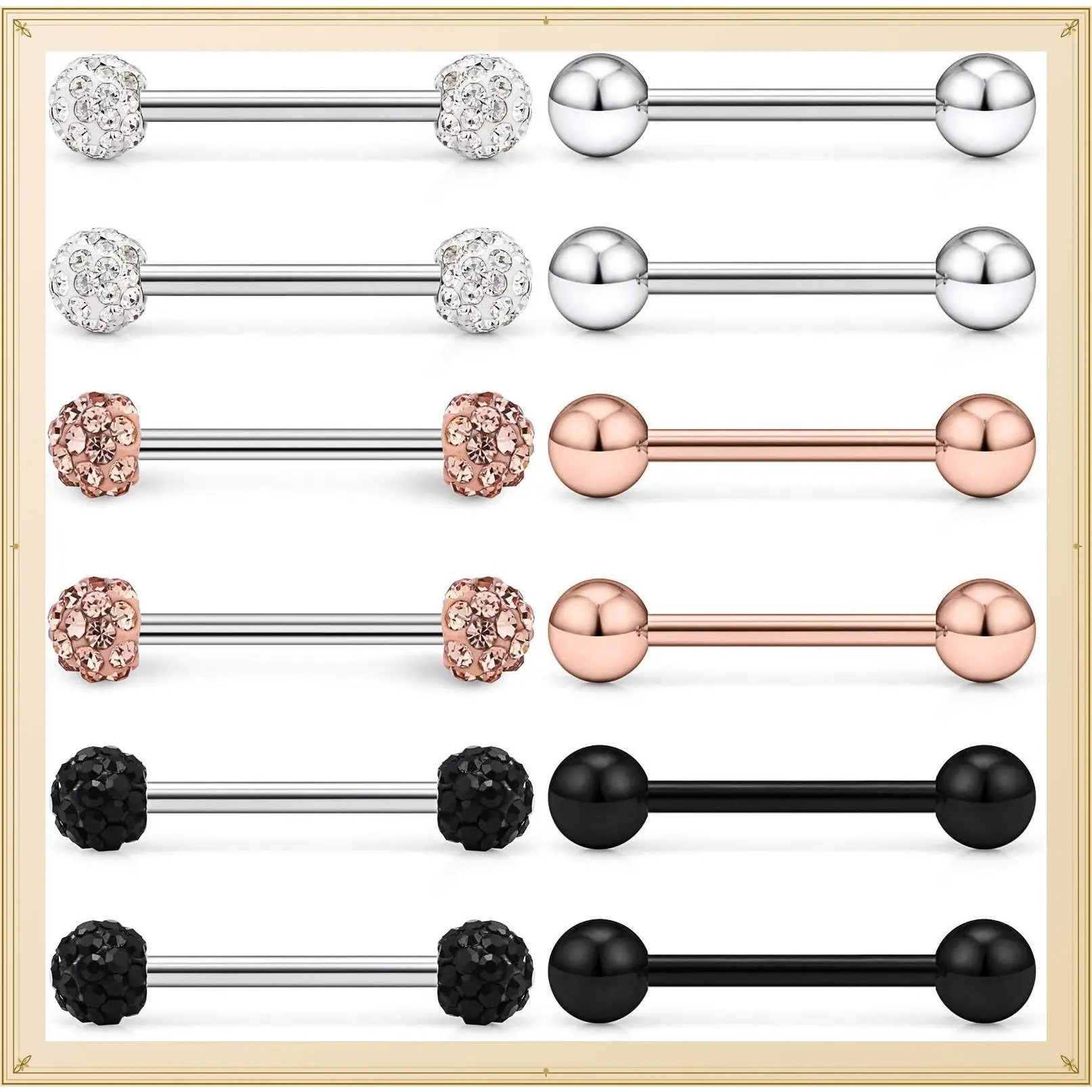12-16Pcs 16G 14G Surgical Steel Tongue Ring Nipple Shield Barbell Ring Bar Nipplerings Body Piercing Jewelry for Women MenGift