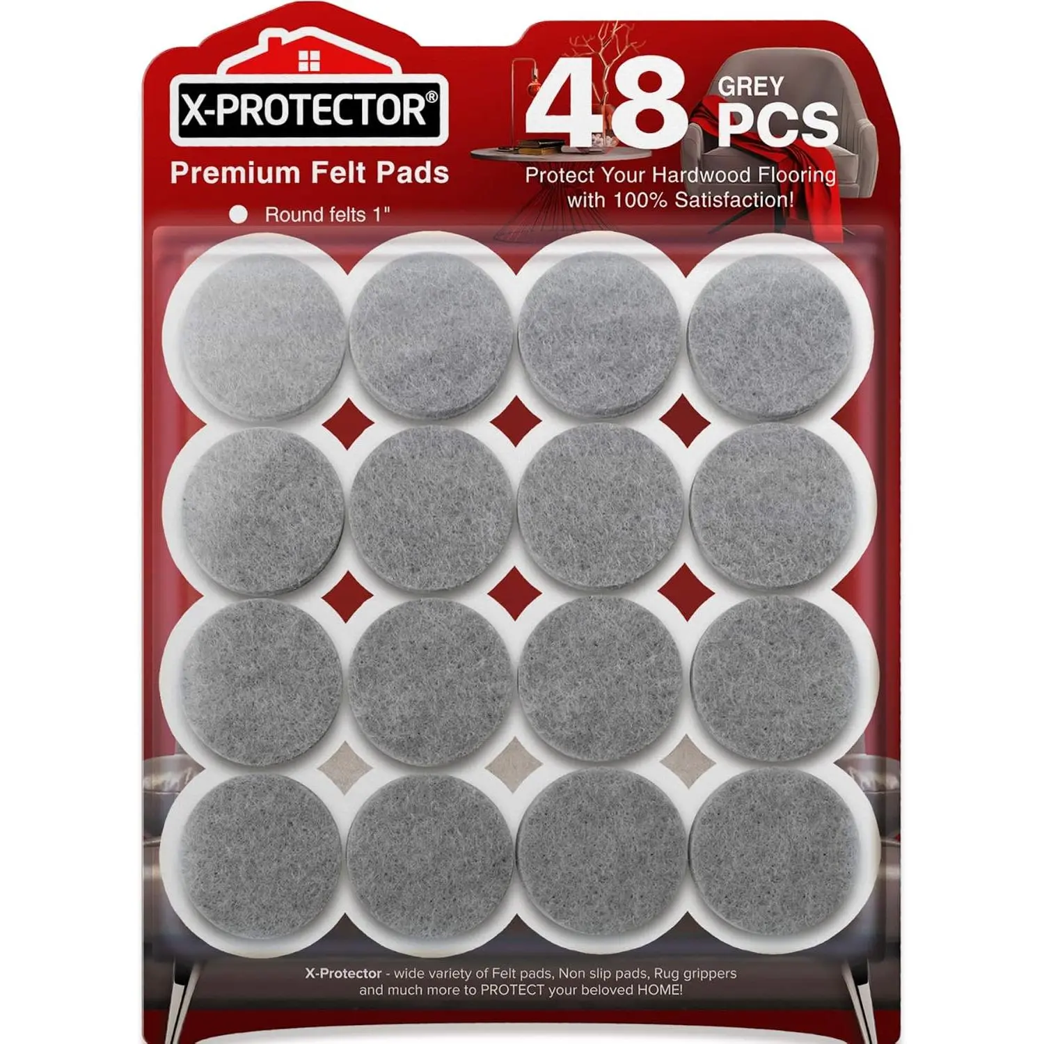 High-Quality Grey Felt Furniture Pads - 48-Piece 1" Round Pads with Strong Adhesive for Hard Floors Protection