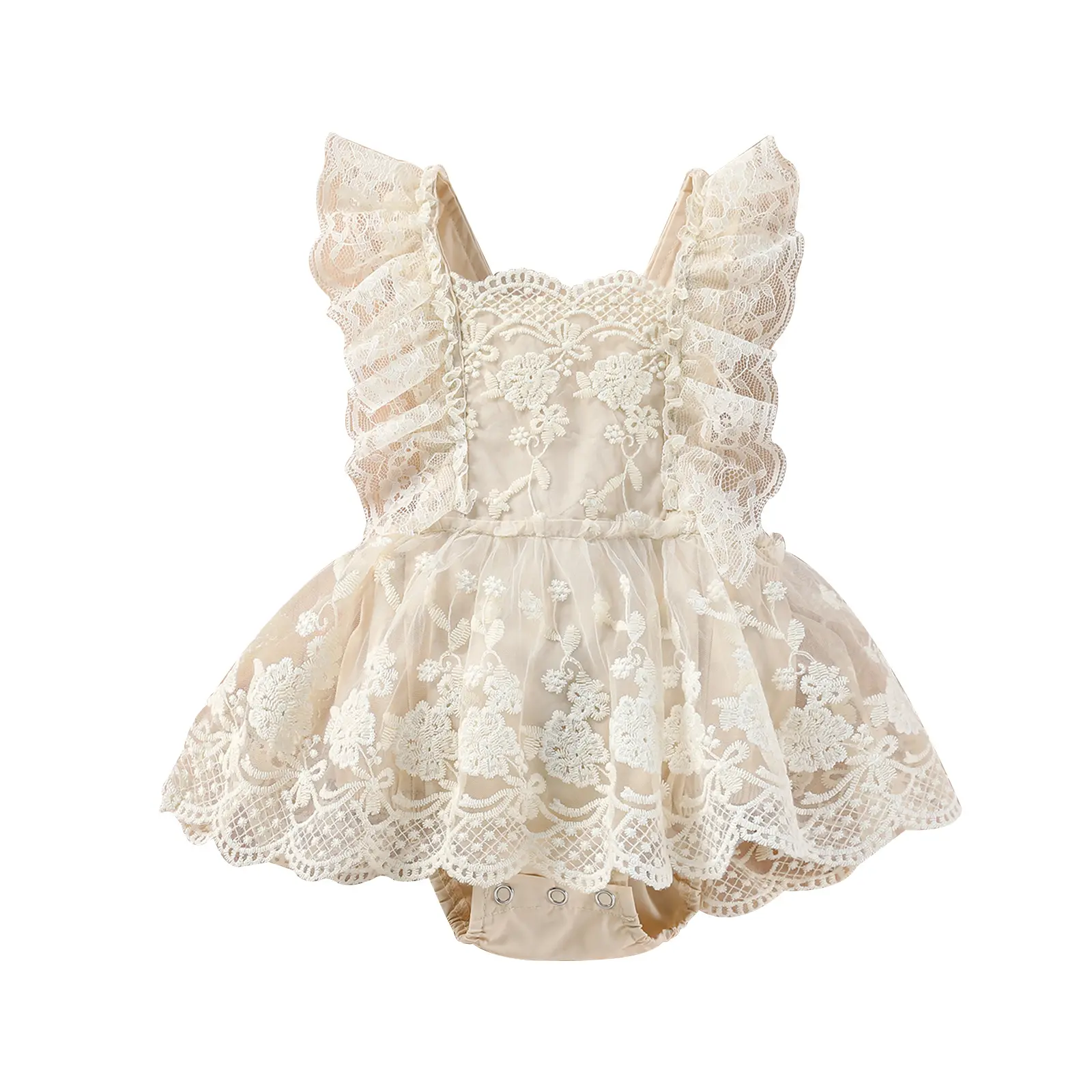 Canrulo Newborn Infant Baby Girl Onesie Romper Lace Ruffle Tulle Flower Embroidery Sleeveless Bodysuit Kids Summer Jumpsuit
