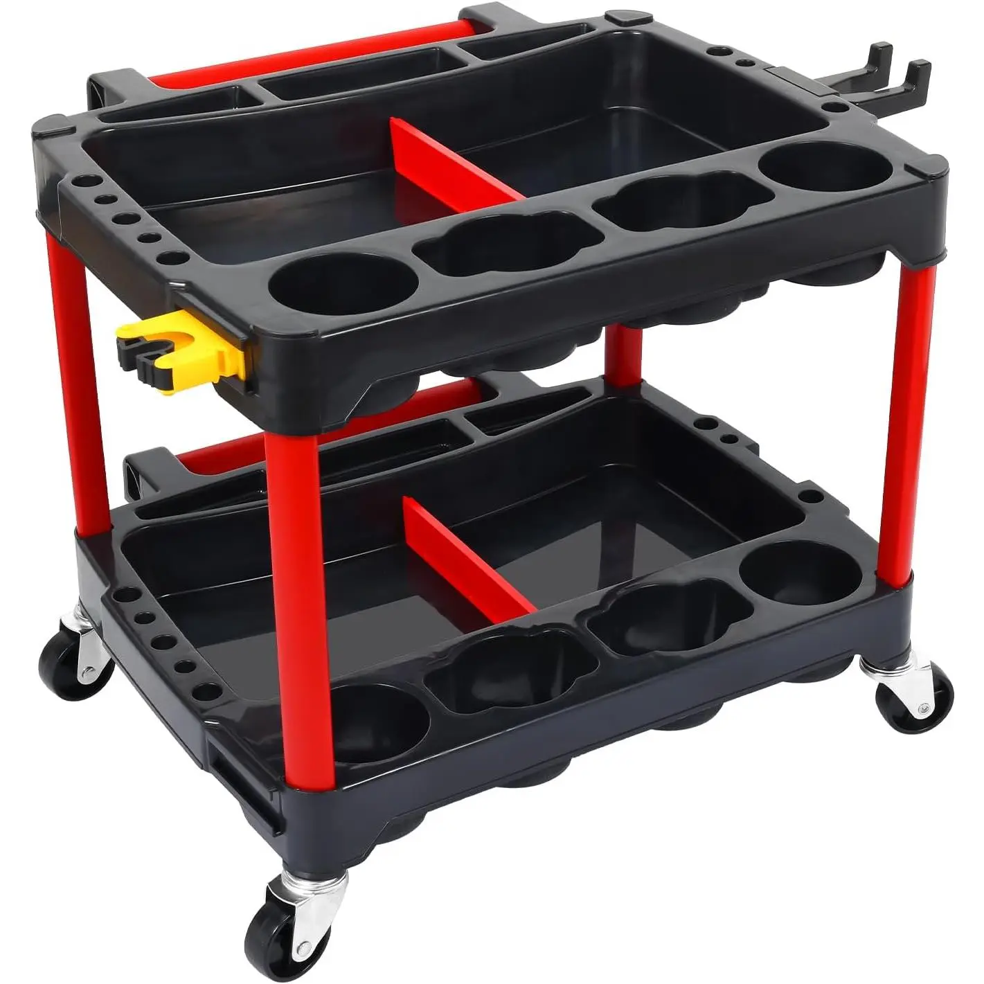 Nilight 2-Tier Heavy-Duty Rolling Plastic Car Detailing Cart with Polisher Brackets, Built-In Side Hooks, High-Impact Polypropylene, Fast Snap Assembly, Swivel Wheels, Towel Hanging Organizer