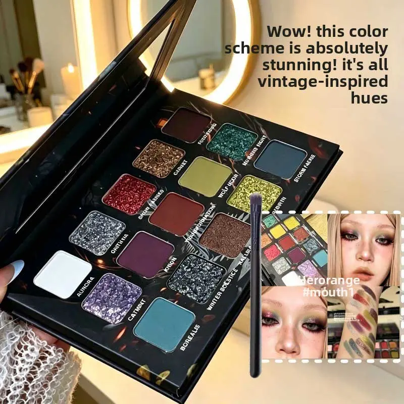 Vintage Cement Eyeshadow Palette with Eye Brushes, Makeup Eyeshadow Palette, 15 Colors, Underground Tones, Matte, Shimmer & Glitter, Retro Earth Tone Palette