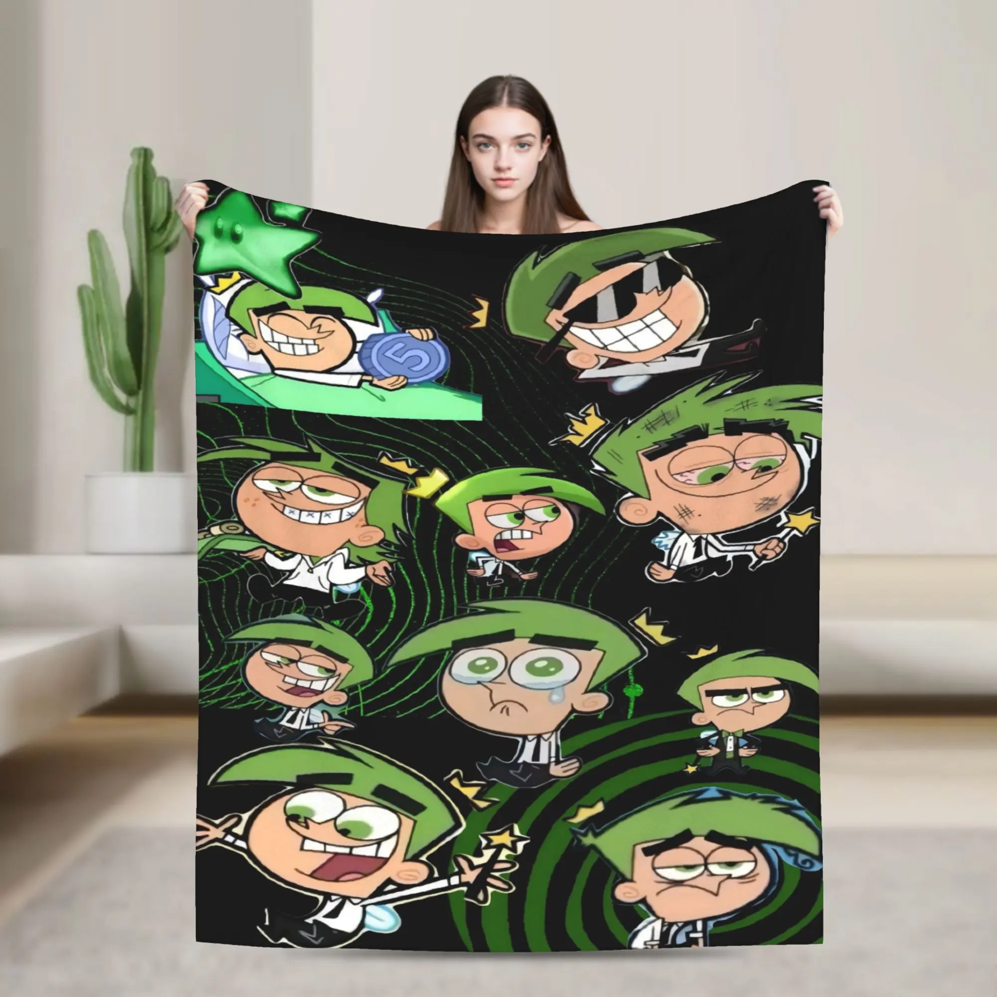 The Fairly OddParents Cosmo Multi Mood Green Swirl Solid Black Flannel Throw Blanket Nickelodeon Cartoon Soft Warm Blanket Gift for Neutral 00s Nostalgia Fans All Ages