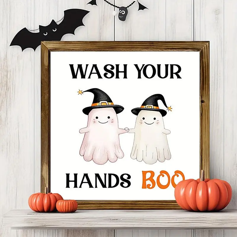 Halloween Bathroom Door Decor, Cute Witch Hat and Ghost Design, Wooden Signage, Indoor Outdoor Use, No Battery Required
