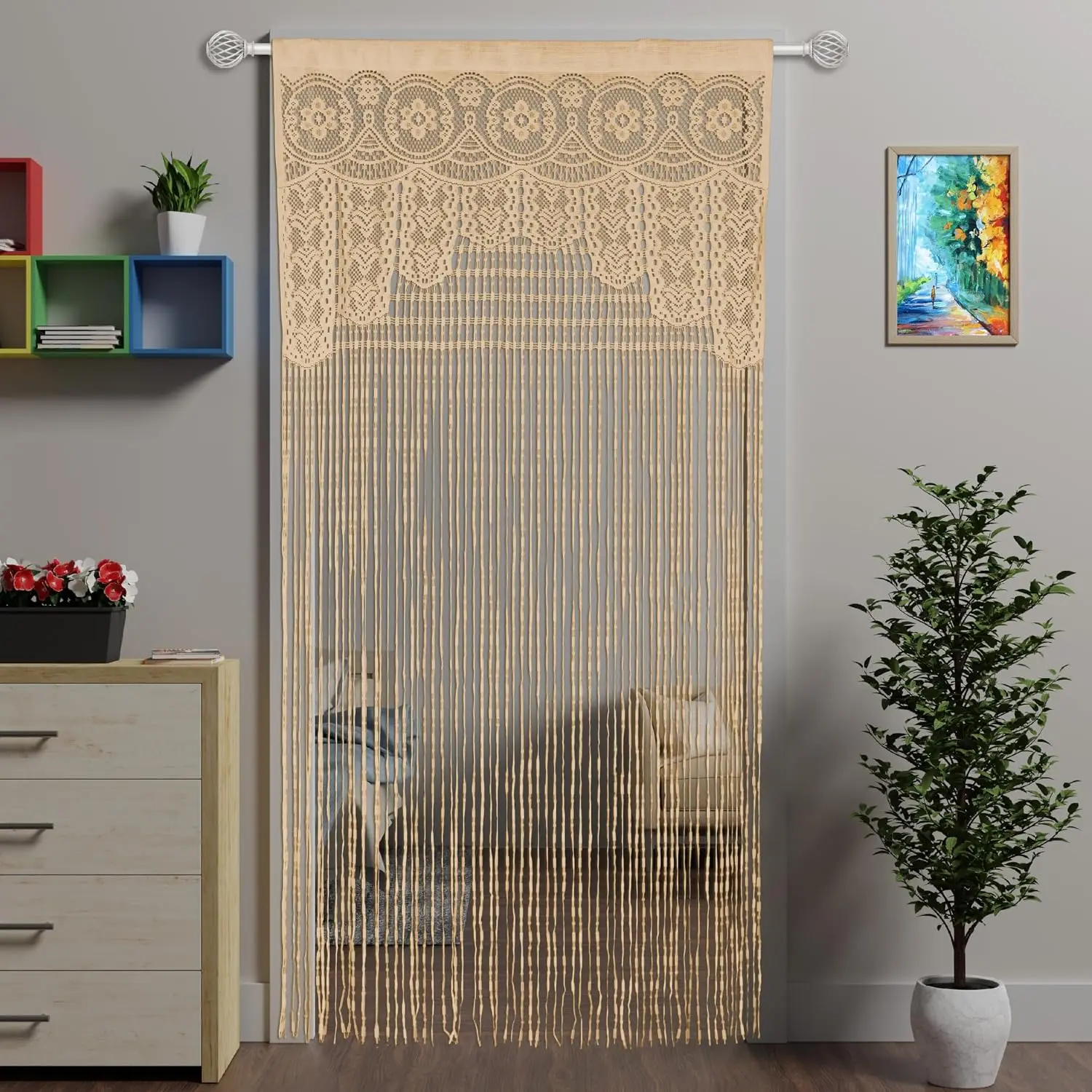 Lace Door String Curtain for Doorways,Bohemian Curtains Window Wall Closet Bedroom Kitchen Hippie  Panels Boho Room Divider