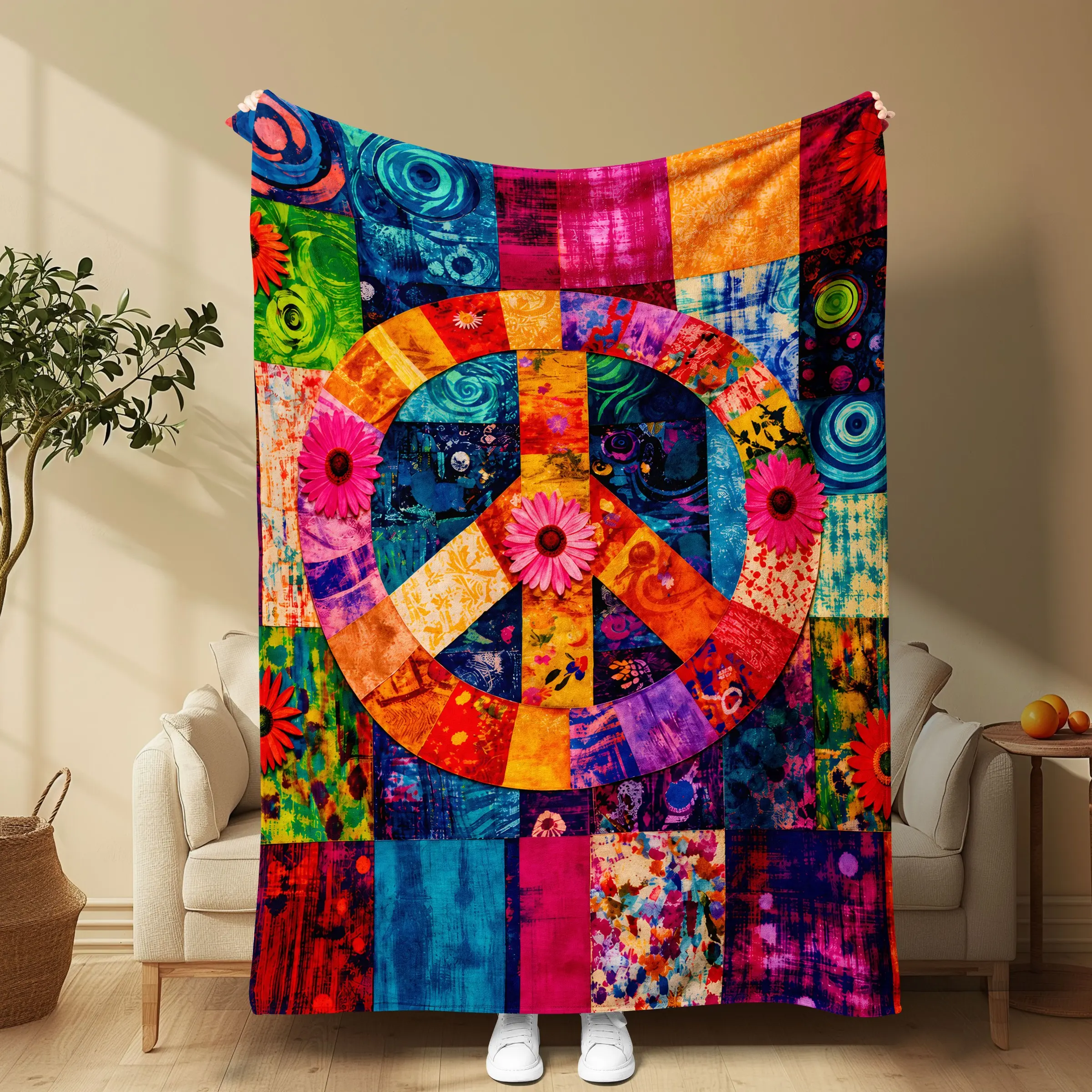 Boho Peace Daisy Patchwork Blanket, High-Density Soft Flannel, Retro Bohemian Decor, Perfect for Sofa, Office Naps, Photography, Floral Blanket, Floral Print Blanket