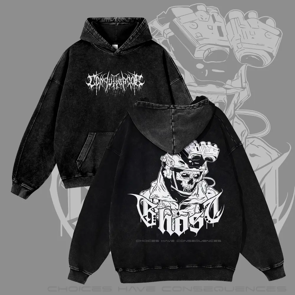 Men's Tactical Ghost Skull Graphic Hoodie - Vintage Acid Wash, Oversized Fit, Cotton Fabric, Casual Streetwear Unisex Gamer Sweatshirt (Pairable with Jeans), Thick
