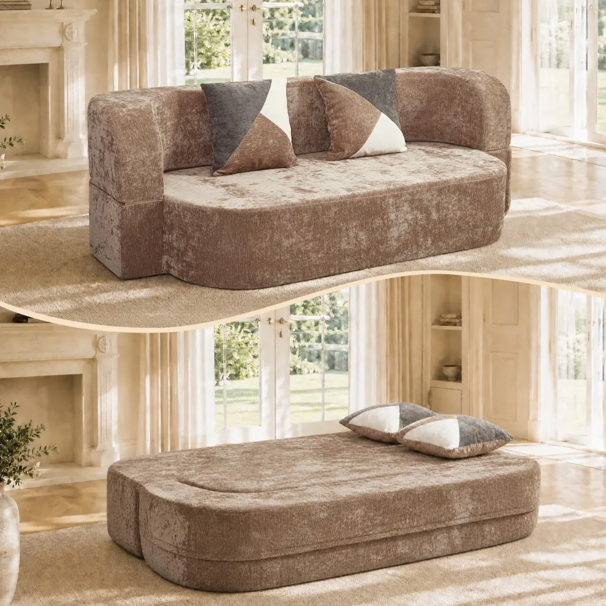 Aobtkel Eggshell Convertible Folding Couch Bed - Indoor Furniture Sofa, 78.74" Boneless Sofas with Soft Plush Fabric, 33D High-Density Sponge Foam Sleeper Couch, No-Assembly Floor Sleeper Sofa with Pillows for Living Room, Apartment, Functional Sofa