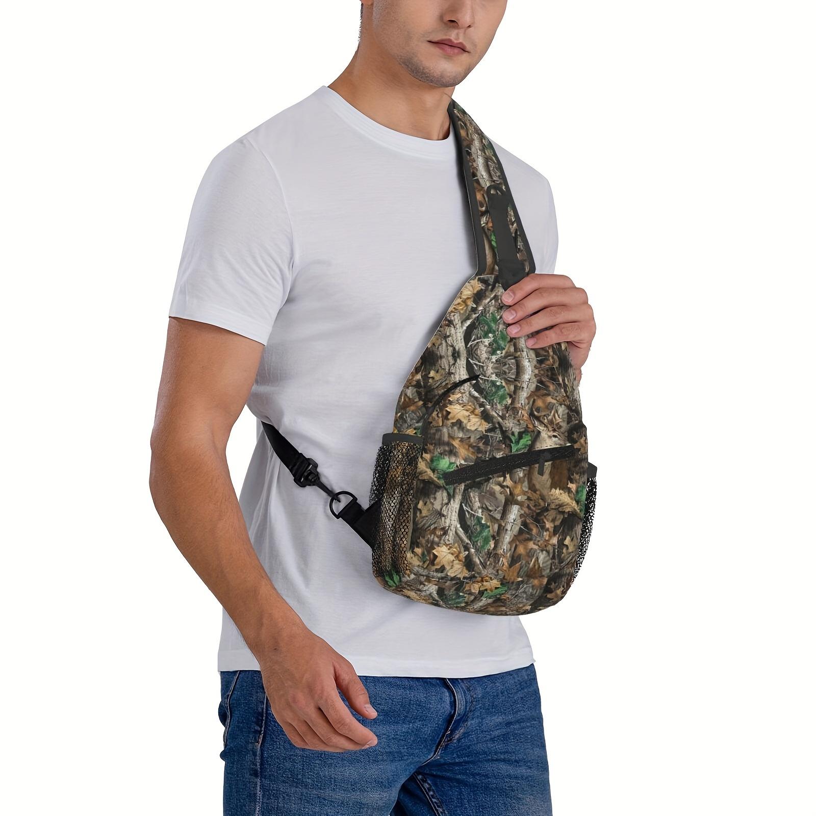 A Versatile Crossbody Chest Bag Designed for Hiking, Featuring a Camouflage Pattern with Leaves  Deer. This Folding Backpack Offers Ample Storage  Is Stylishly Durable, Making It Suitable for Shopping, Work, Travel, Beach Outings and