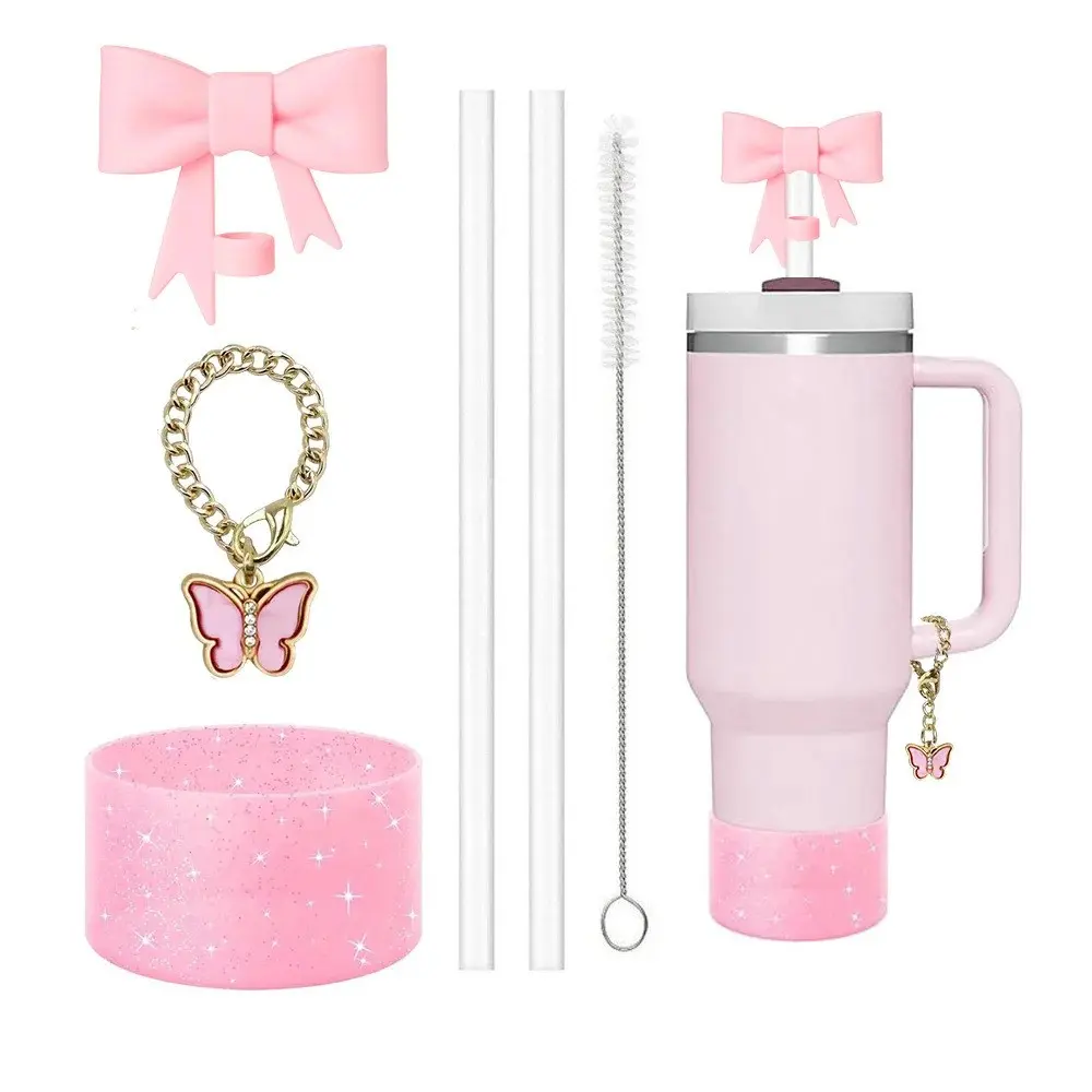 6-Piece Cup Accessories Set for 40oz/30oz Insulated Cups, Tumbler Accessories, Includes Glitter Straw, Brush, Flower Lid, Silicone Sleeve, Butterfly Charm, Perfect for Outdoor Activities, Ideal Gift for Valentine's Day and Mother's Day