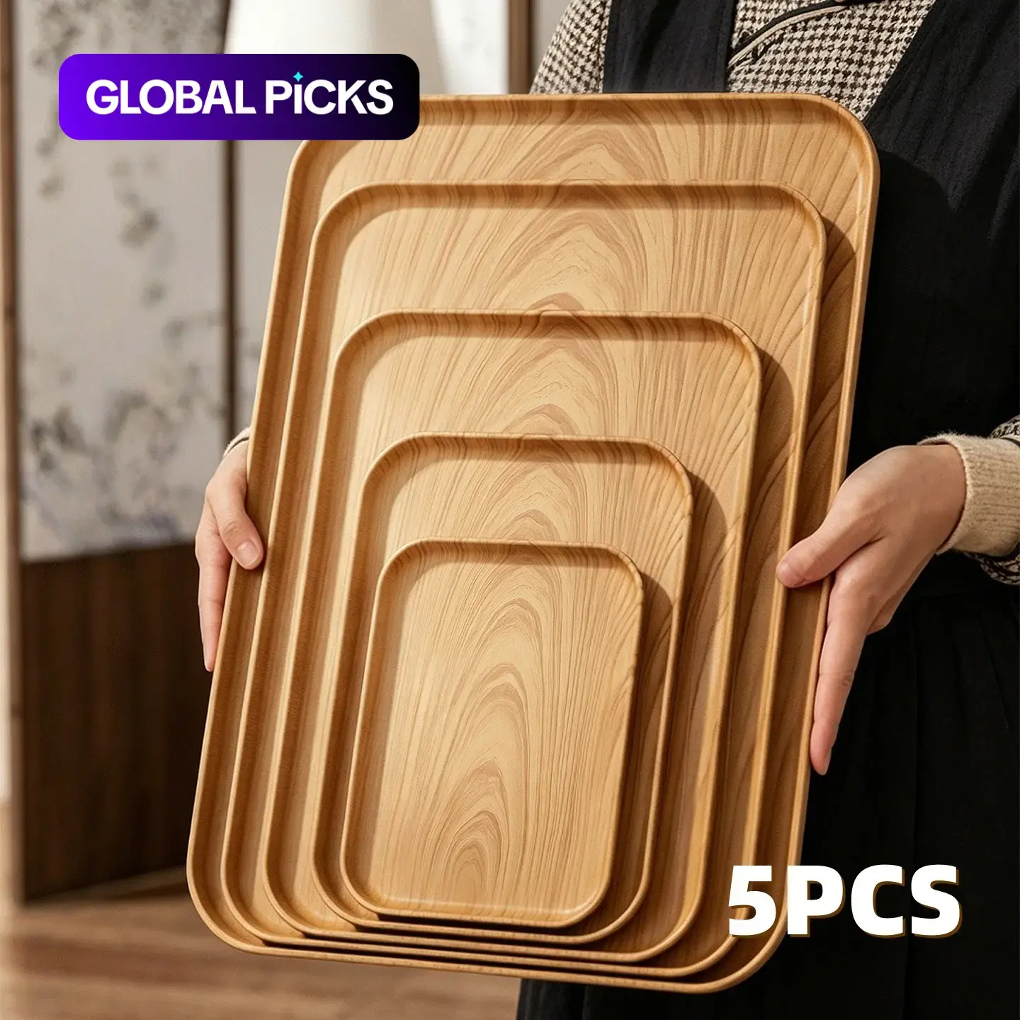 5-Piece Food-Grade Tea Cup Tray Set, Rectangular Coffee Serving Tray, Wood Grain Dessert Tray, Decorative Fruit Tray, Breakfast Food Tray, Multi-Functional Snack Tray Home Table Setting, Tableware #GLOBAL PICKS