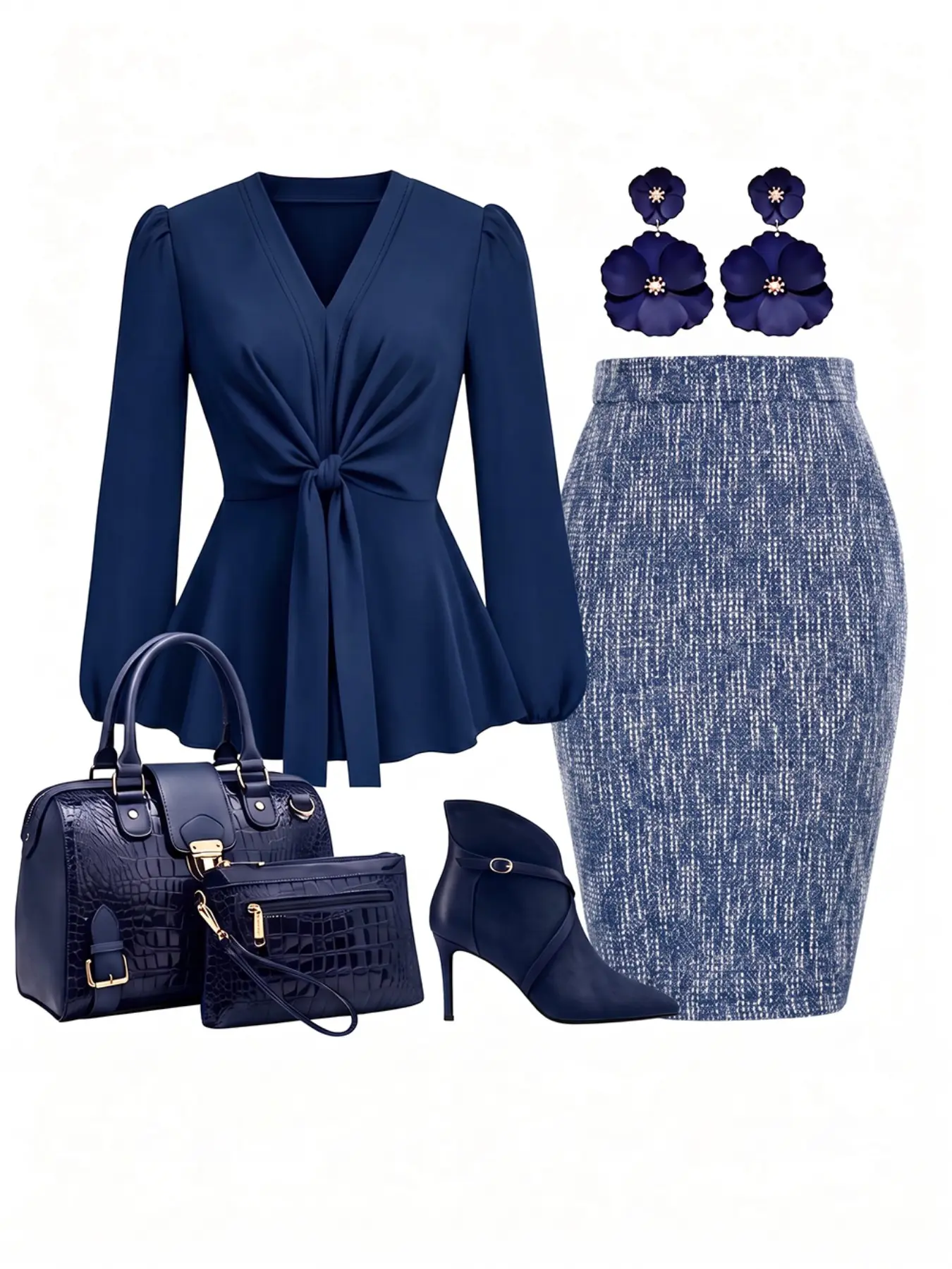 Women's 2-Piece Set: Navy Knot Waist Top + Plaid Print Skirt, Professional Office Wear, Business Casual, Spring & Fall