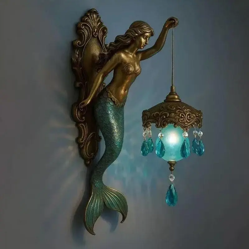 Mermaid Wall-Mount Night Light, Vintage Battery-Powered Wireless Lamp, Elegant Mermaid Tail Design, Soft Glow for Bedroom, Hotel, Restaurant Decor