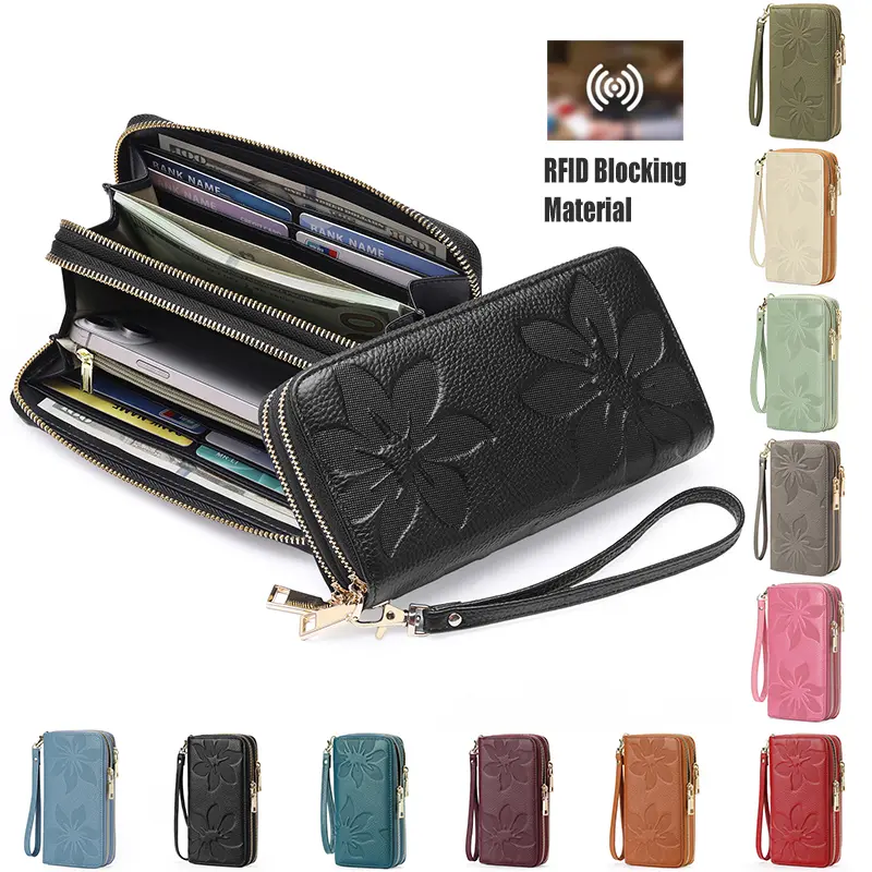 Women's PU Leather Wristlet - Large Capacity RFID Blocker Double Zip Card & Phone Holder, Wedding, Stripes, Zipper