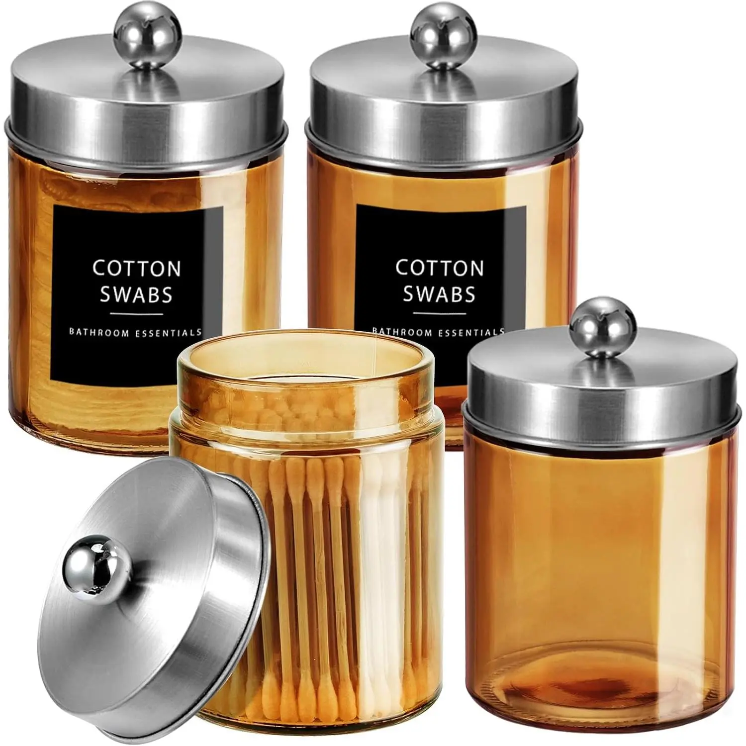 Bronze  Glass  Jar Qtip Holder Brushed Nickel 4Pack | Bathroom Canister With Metal Lid, Q tip Dispenser Holder for  Balls,  Swabs, Floss Picks,  Makeup Organizer