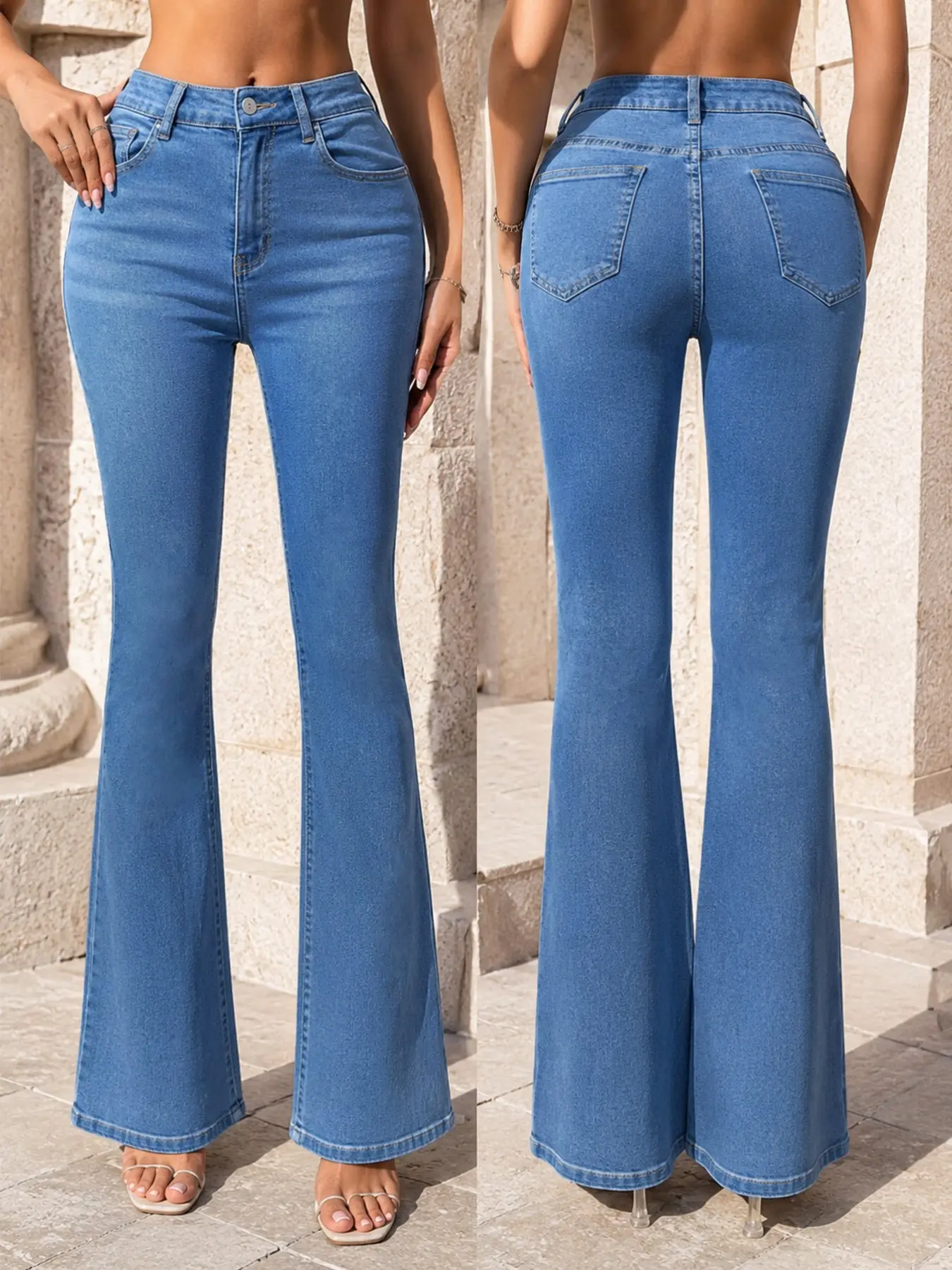 Women's High-Waisted Flare Jeans, Belly Control Butt Lift Slimming, Medium Blue Versatile Leg-Lengthening Flare Pants, Casual All-Season Wear