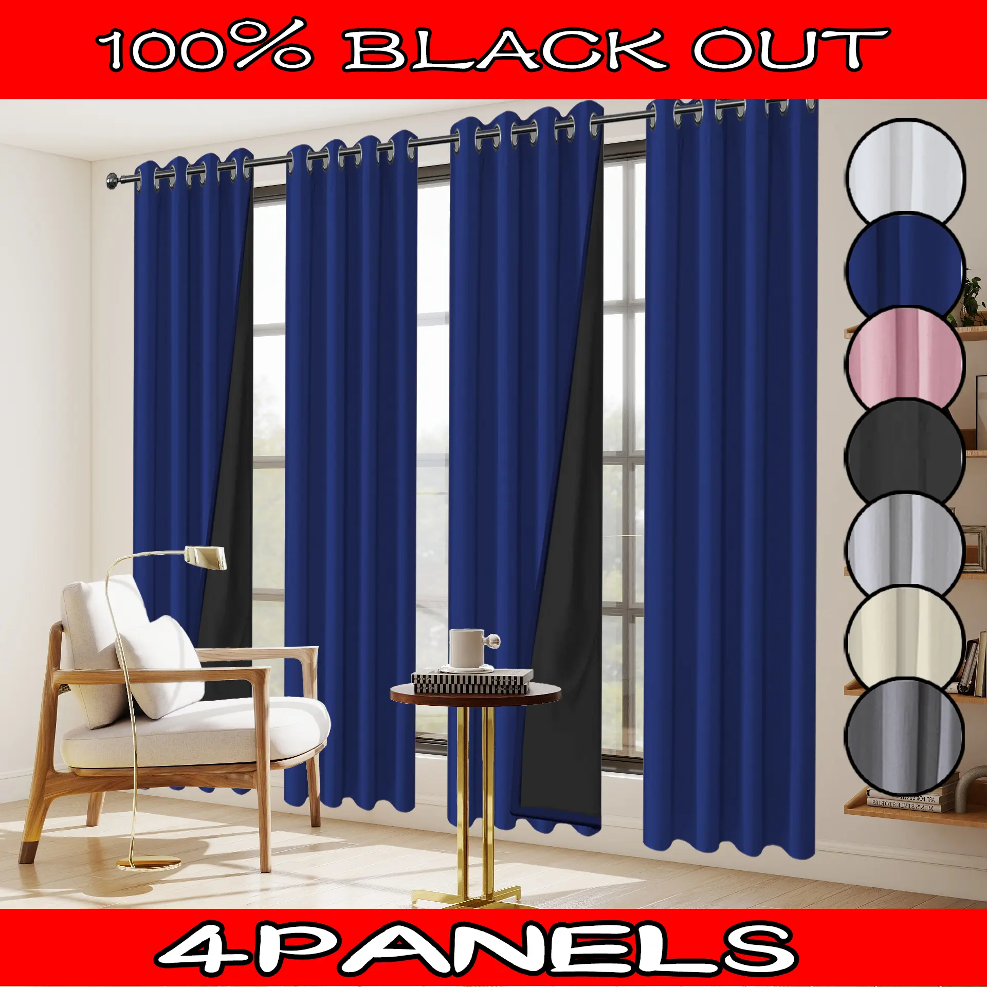 4 pieces of 100% blackout, heat-insulating, and noise reducing curtains, made of polyester material with film coating technology, with perforated hanging on the top, suitable for decorative occasions such as bedrooms, living rooms, offices, kitchens, balc