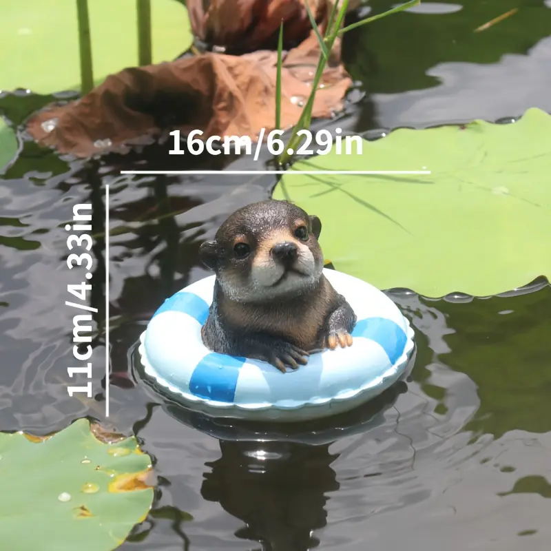 Classic Otter Shape Floating Resin Animal Statue with Swim Ring, Outdoor Pond Pool Water Decor, Home Garden Ornament