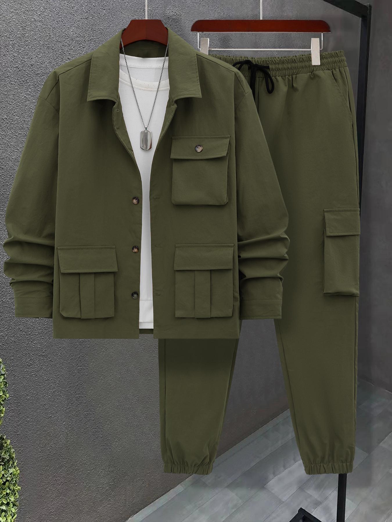 Men's Solid Color Pocket Button Front Shirt & Pants Two-Piece Set, Casual Lounge Set, Casual Long Sleeve Collar Top & Trousers Set, Men's Spring & Fall Clothes
