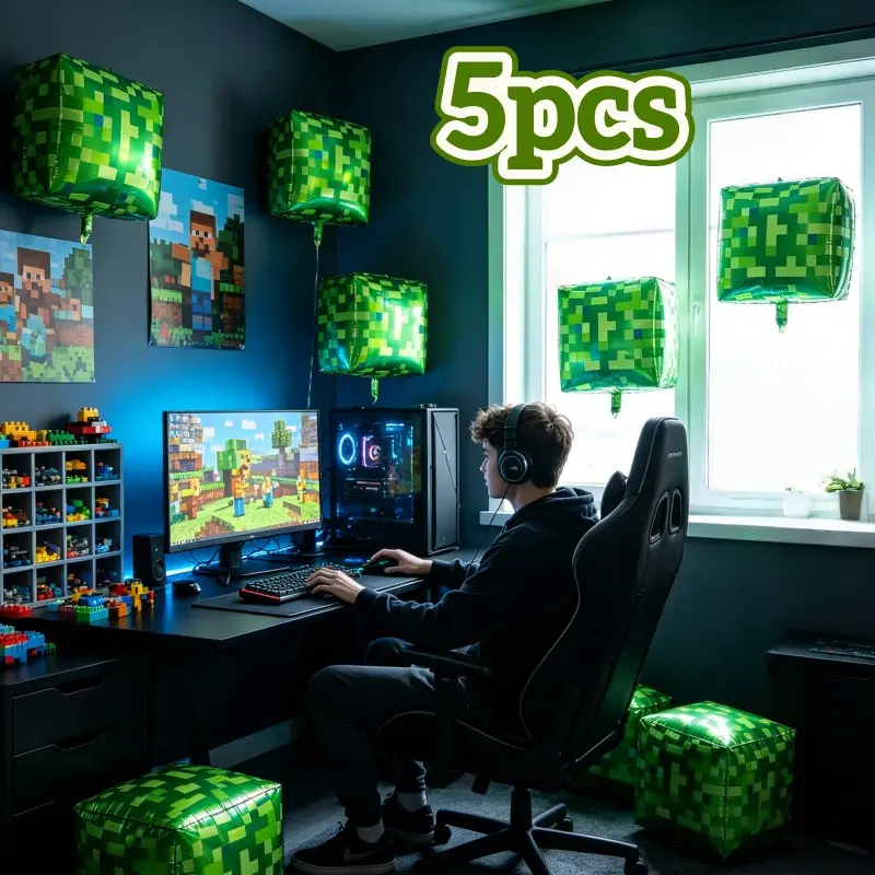 5pcs 22-Inch Square Pixel Mosaic Balloon Set, Game Theme Party Decor, Vibrant Colors, Durable Aluminum Film, Birthday & Anniversary Celebrations