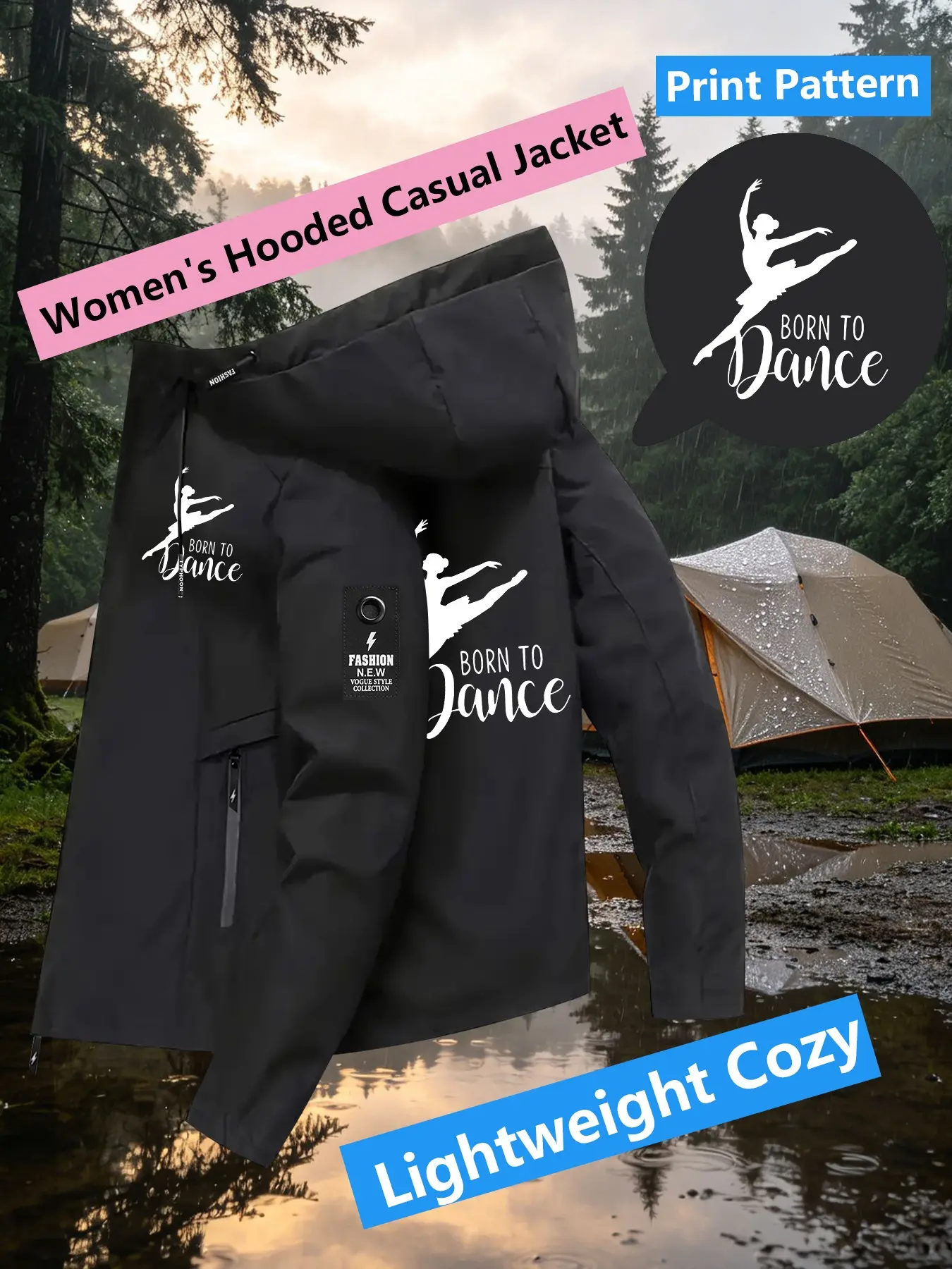 Women's Hooded Windbreaker Jacket Double sided Ballerina Born To Dance Print Jacket Two Color Options Hooded Loose All Season Warm Jacket Ideal for Daily Commute Hiking Climbing Wear Skin Friendly Breathable Machine Washable Plussize