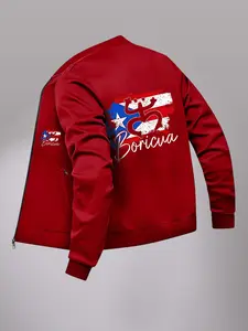 Men's Fashion Casual Fall Jacket, Vintage Flag Print, Slim Fit, Long Sleeve, Zipper Outerwear, Ideal for Sports & Outdoor Activities
