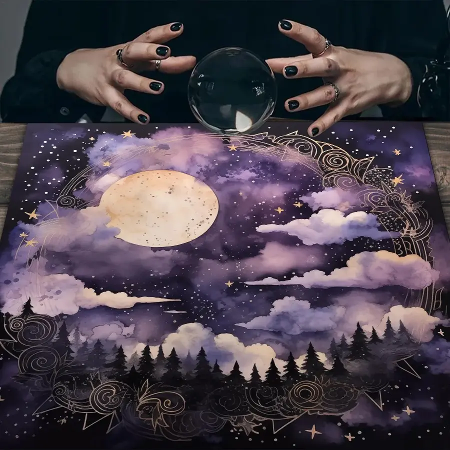 1PC Purple Watercolor Full Moon Tarot Cloth, Celestial Starry Night Altar Cloth, Forest Cloud Divination Tablecloth, Wiccan Spiritual Ritual Decor Tarot Spread Table Tapestry Mystic Witchy Spiritual Room Decor Gift