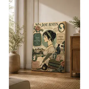 Literary Collage Vertical Canvas Wall Art, Vintage Book Lover Poster, Home Decor for Living Room Bedroom Library, Available as Unframed Canvas Poster or Framed Canvas Wrap