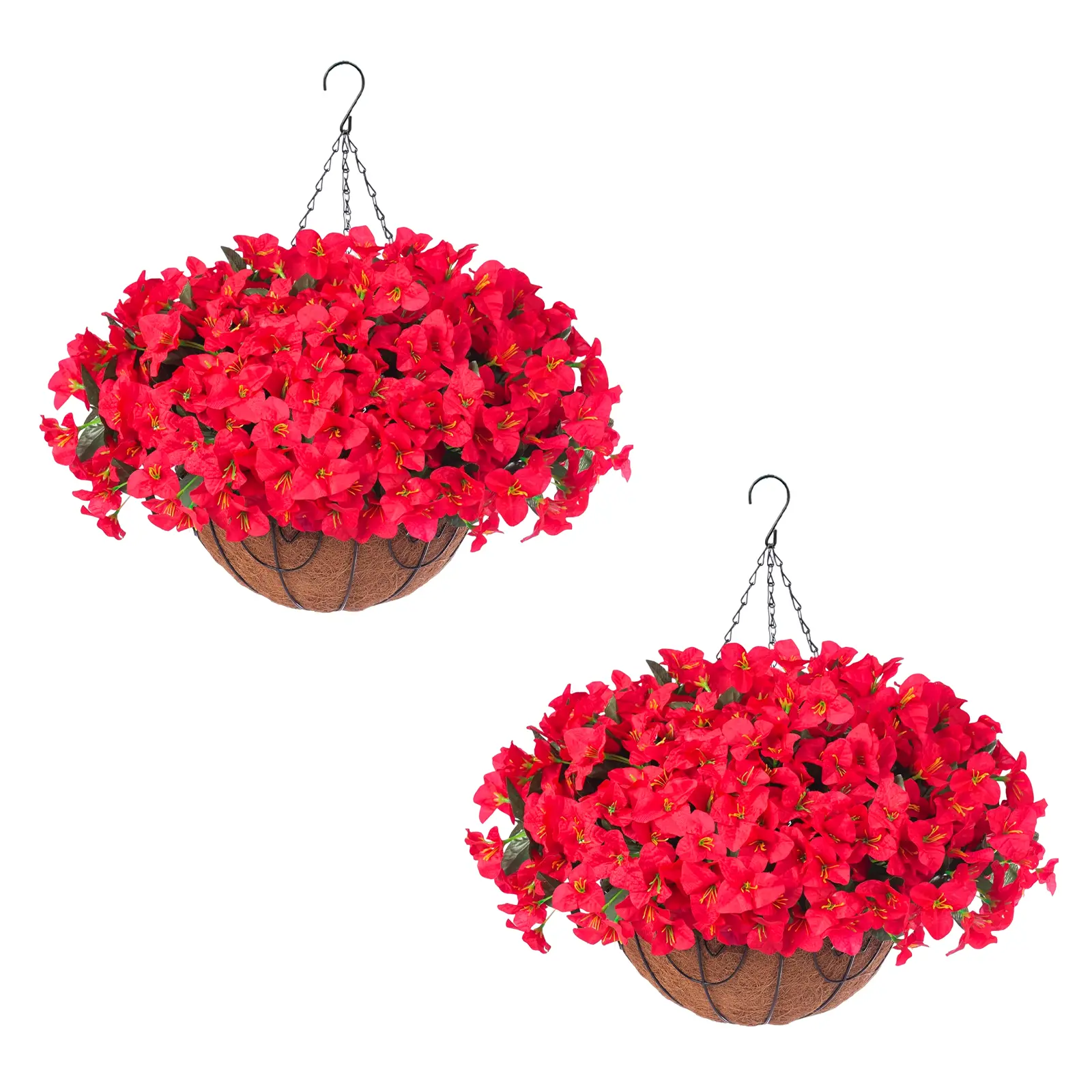 Garvee 2-Pack Wall-Mounted Hanging Planters with Artificial Bougainvillea - 30cm Half-Round Coconut Fiber Baskets, Iron Frame & Chain Hangers - Indoor/Outdoor Porch Patio Balcony Decor