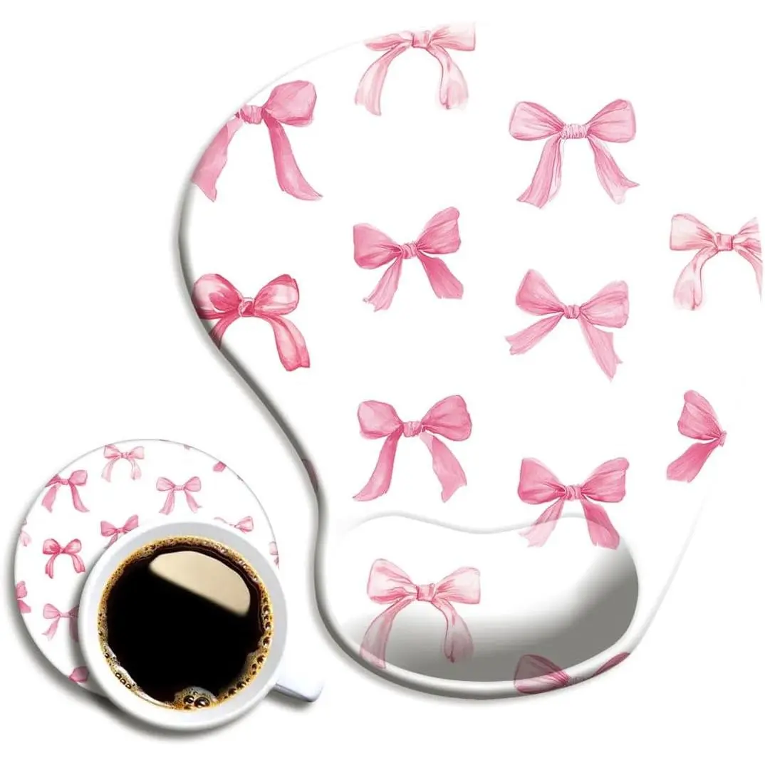 Pad with Wrist Support,Cute  Pad with Wrist Rest and Coaster Set,Office Supplies Non-Slip  Pads for Desk, Non-Slip Comfortable, Bow