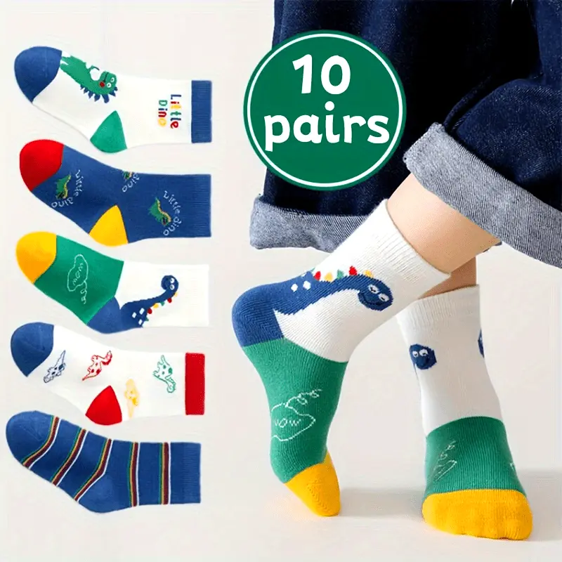Boys' 10-Pack Dinosaur Socks - Mid-Calf, Animal-Themed Design for a Cute Look, Safe Material for Kids' Casual Wear